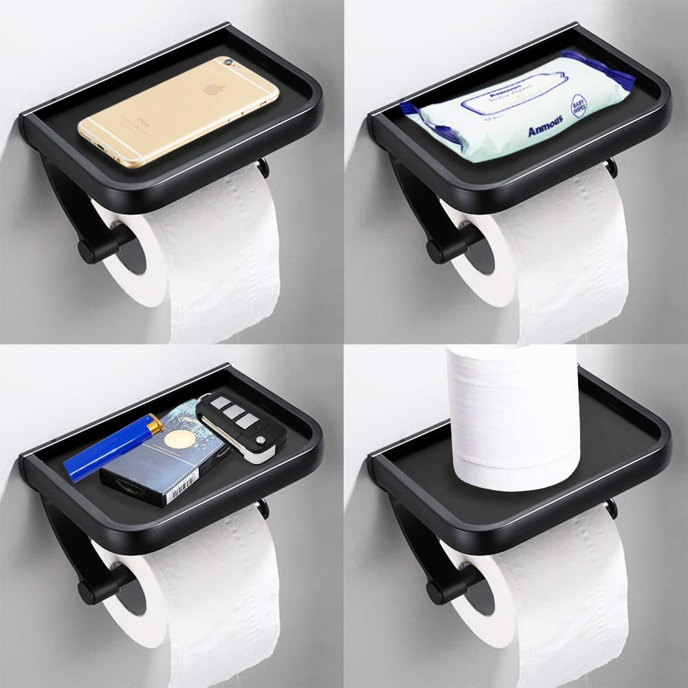 Matte Black Toilet Paper Holder with Phone Shelf, GIGRIN Space Aluminum Adhesive Toilet Tissue Holder Wall Mount TP Roll Holder for RV Home Bathroom