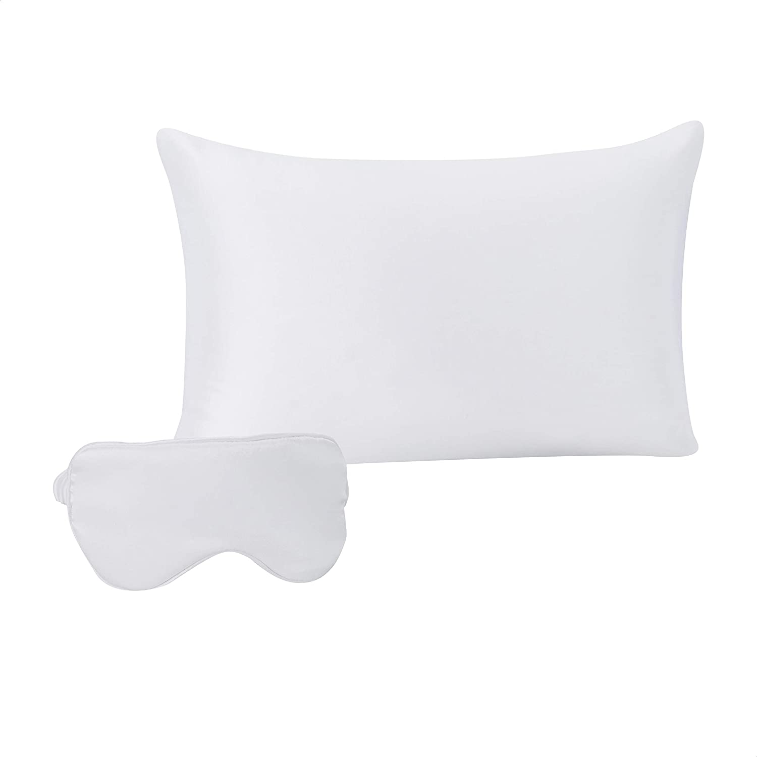 Amazon Basics 100% Mulberry Silk Sleep Set for Hair and Skin with Pillowcase, Eye-Mask and Travel Pouch - Dual Side 19 Momme Silk, White, Standard, Sleep Set