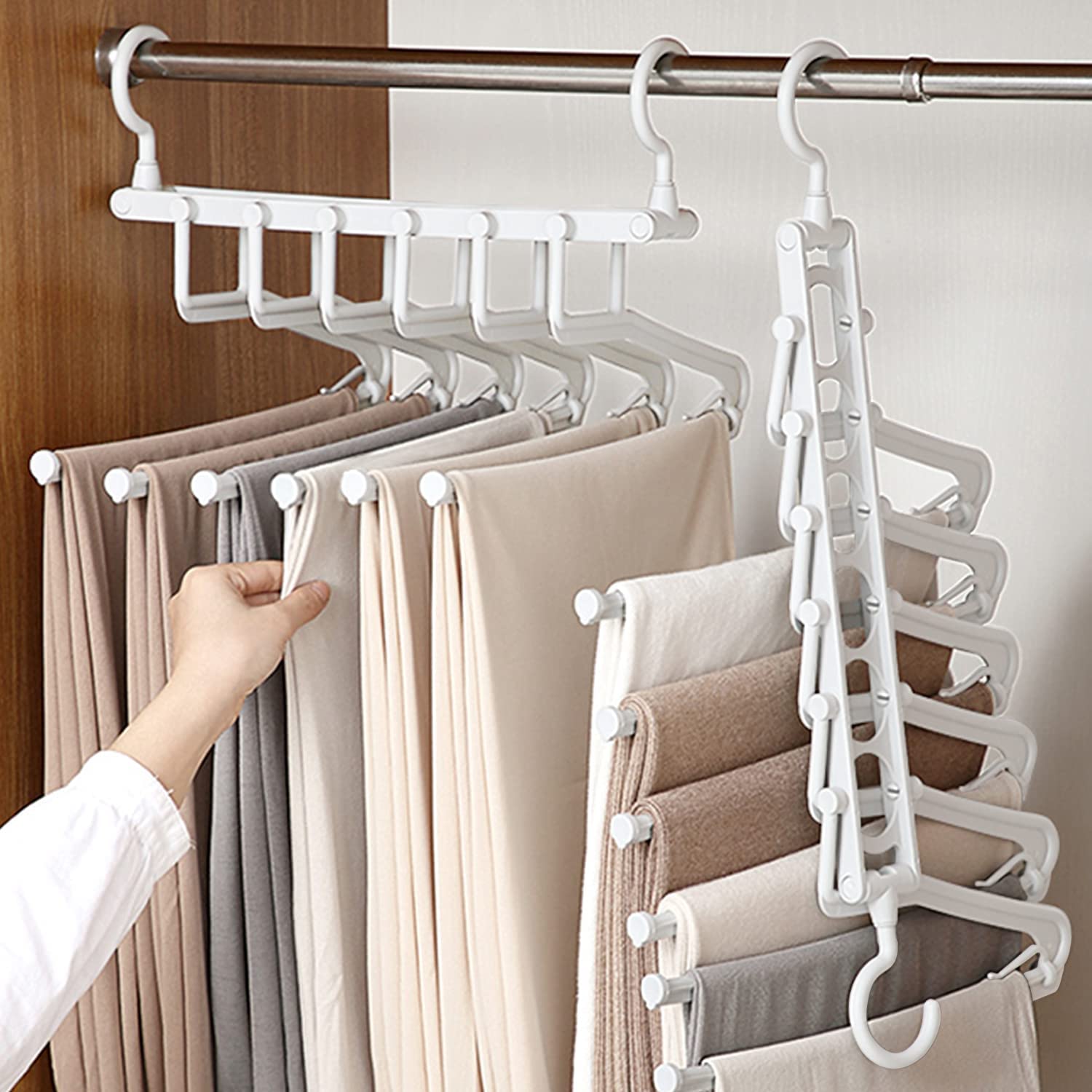 AIR&TREE 2 Pack Pants Hangers Space Saving,Anti-Rust Plastic Hangers,Durable and Sturdy Hangers for Pants Scarf Jeans Slack Trousers Ties Towels,Multiple Pants Hangers 6 in 1 (White)