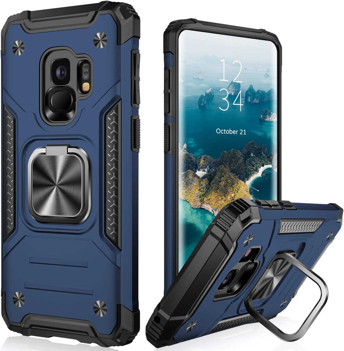 IKAZZ Galaxy S9 Case,Samsung S9 Cover Dual Layer Soft Flexible TPU and Hard PC Anti-Slip Full-Body Rugged Protective Phone Case with Magnetic Kickstand for Samsung Galaxy S9 Blue