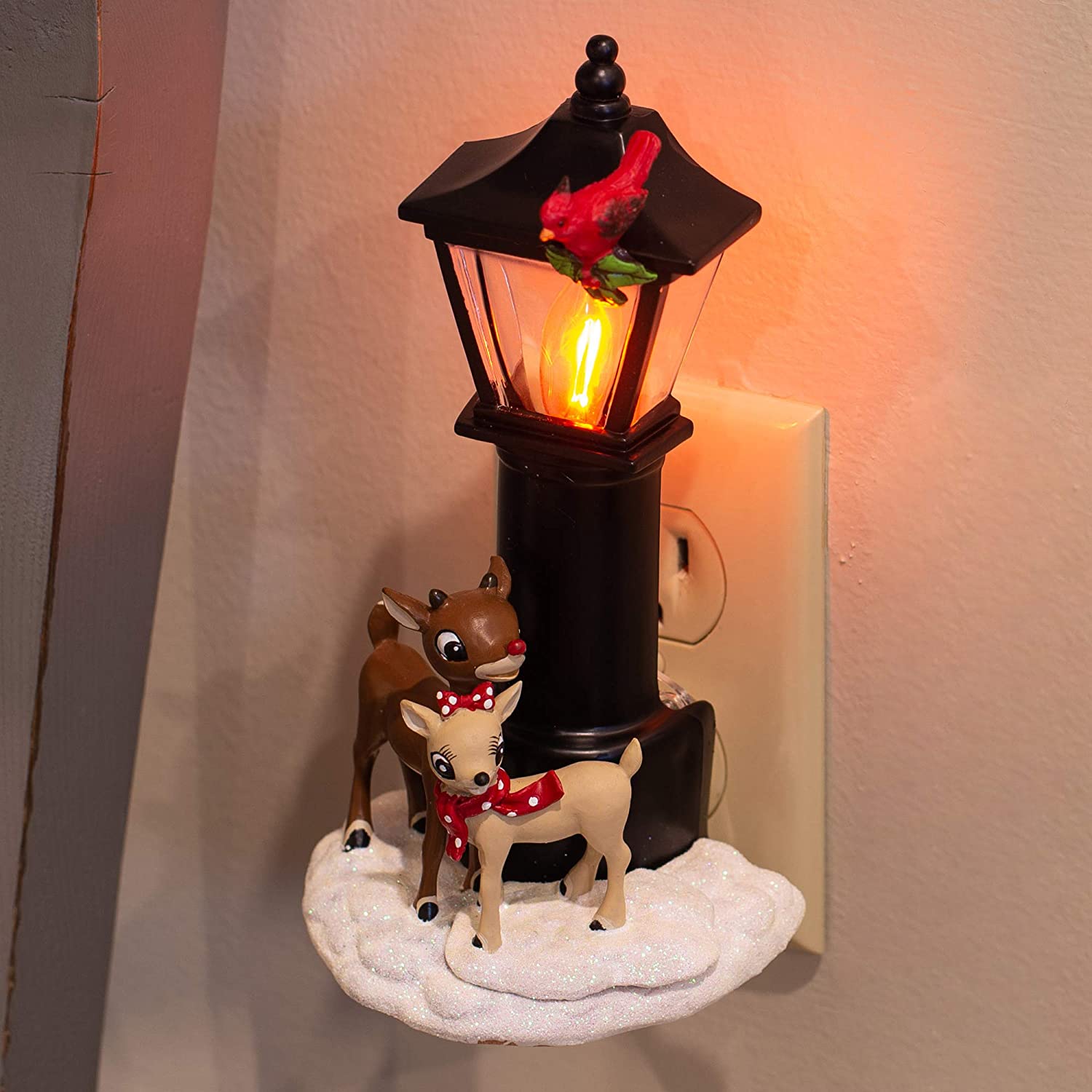 Rudolph and Clarice By Lamppost 7.25 Inch Resin Stone Flickering Night Light