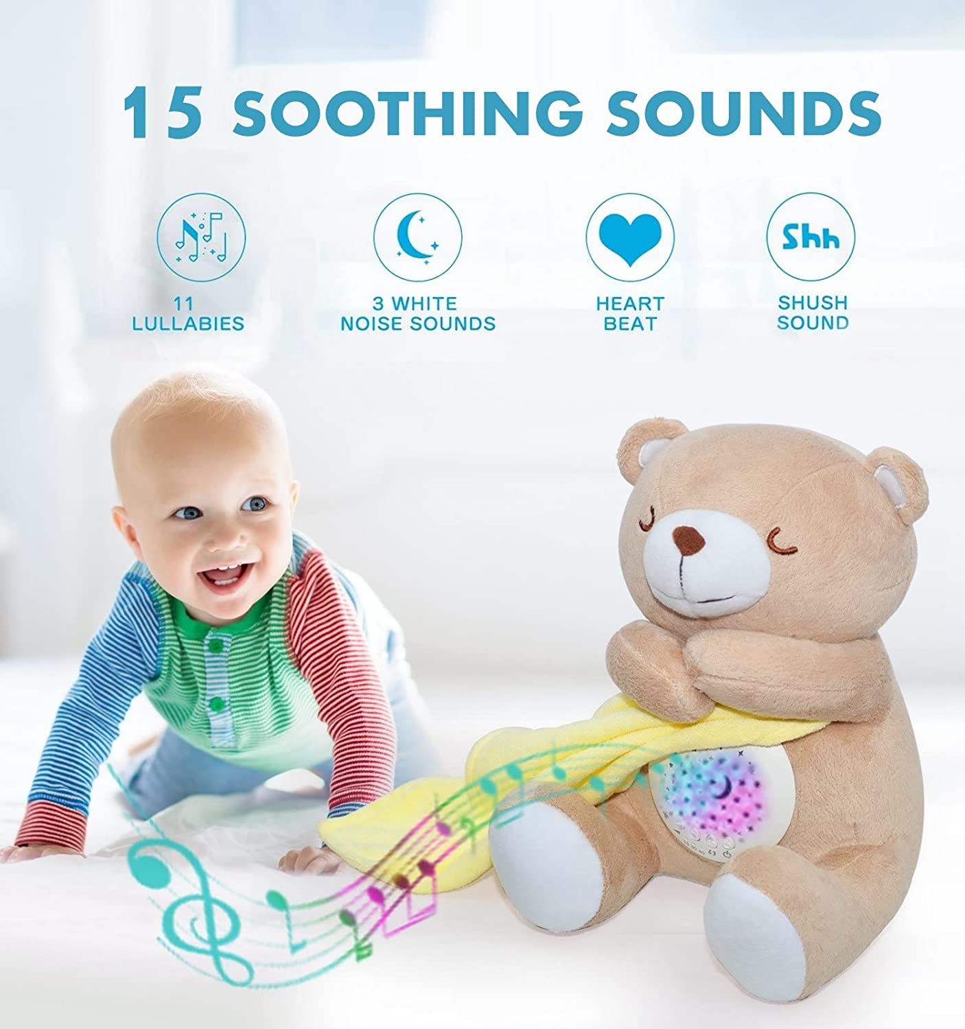 Baby Sound Soother, Cry Activated Sensor Projector Night Light Sleep Aid Soother,15 Lullabies or White Noise Sound Machine Toy Bear, Unique Boy Baby or Girl Baby Gifts