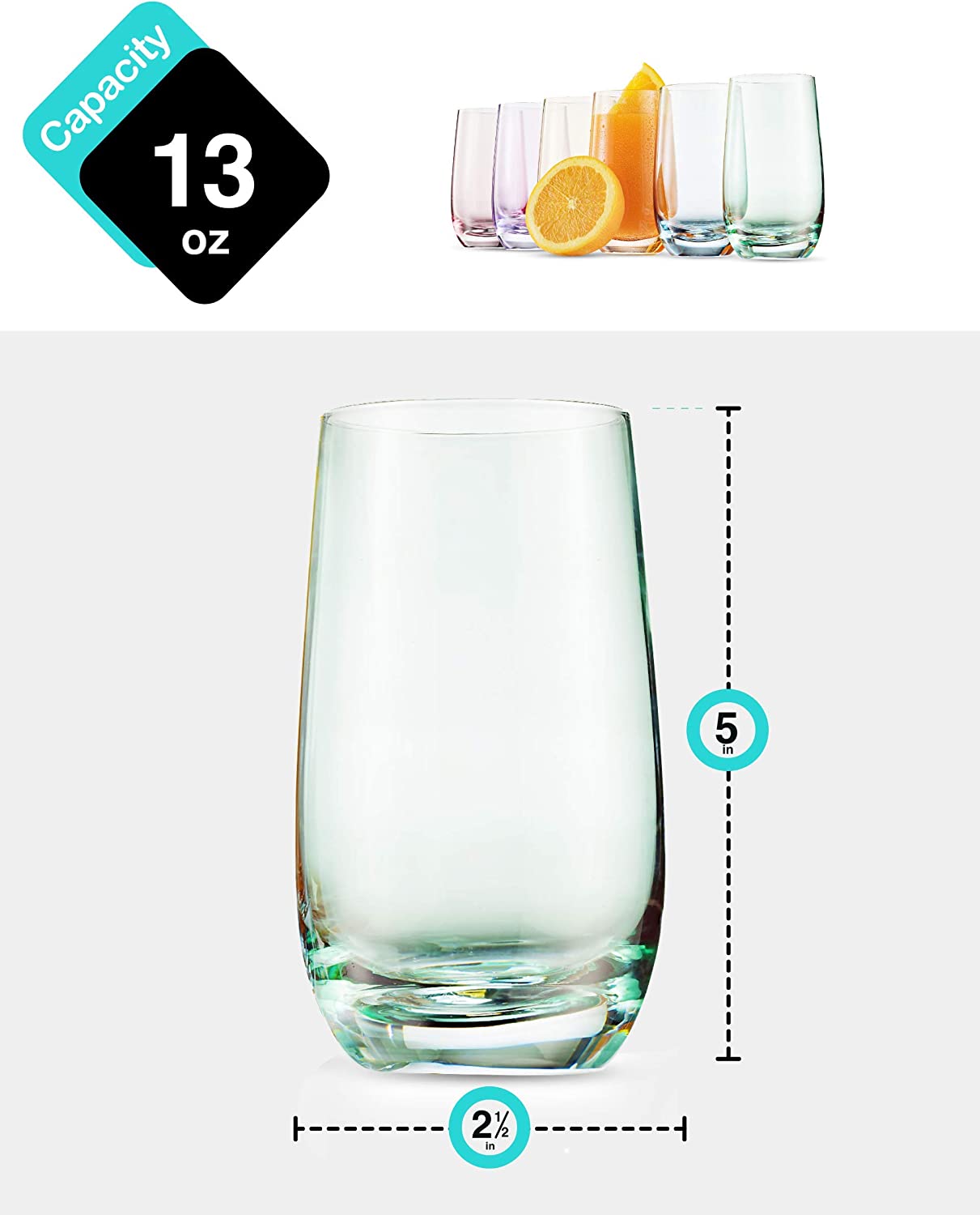 MITBAK 13- OZ Colored Highball Glasses (Set of 6) | Drinking Glasses Tumblers for Mixed Drinks, Water, Juice beer, cocktail | Glassware Set, Excellent Gift | Glass Cups Made in slovakia