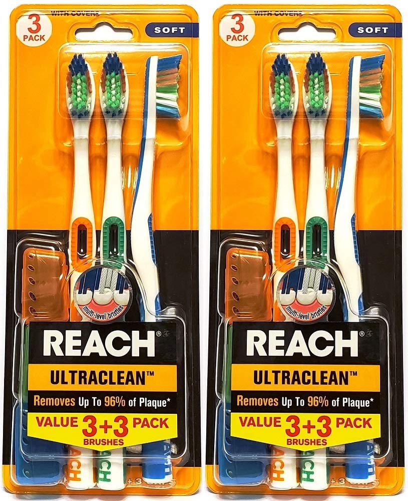 Reach Ultra-Clean Soft Toothbrush with Covers, Assorted Colors, 3 Count (Pack of 2) Total 6 Toothbrushes