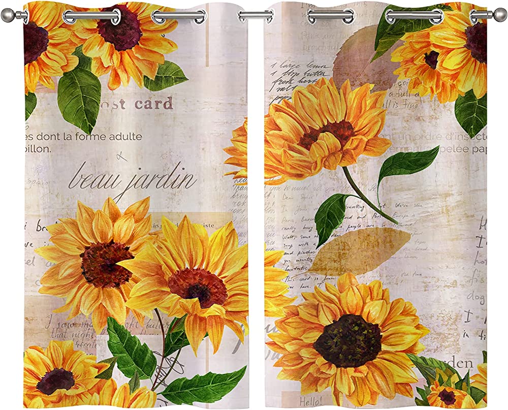 YUMOING Hand Drawn Vibrant Yellow Watercolor Sunflowers Kitchen Curtains Window Curtain Tiers for Caf?, Bath, Laundry, Living Room Bedroom 26 X 39 Inch 2 Pieces