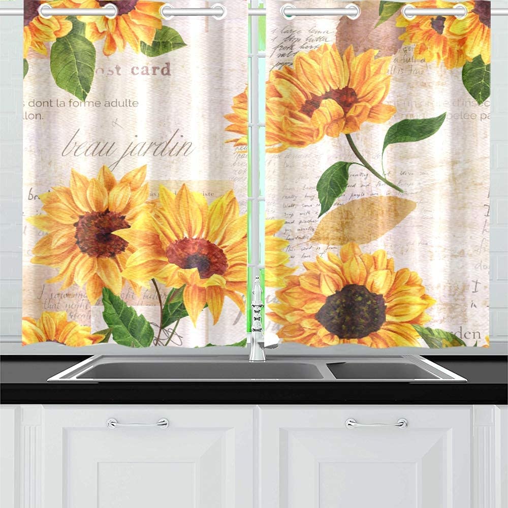 YUMOING Hand Drawn Vibrant Yellow Watercolor Sunflowers Kitchen Curtains Window Curtain Tiers for Caf?, Bath, Laundry, Living Room Bedroom 26 X 39 Inch 2 Pieces