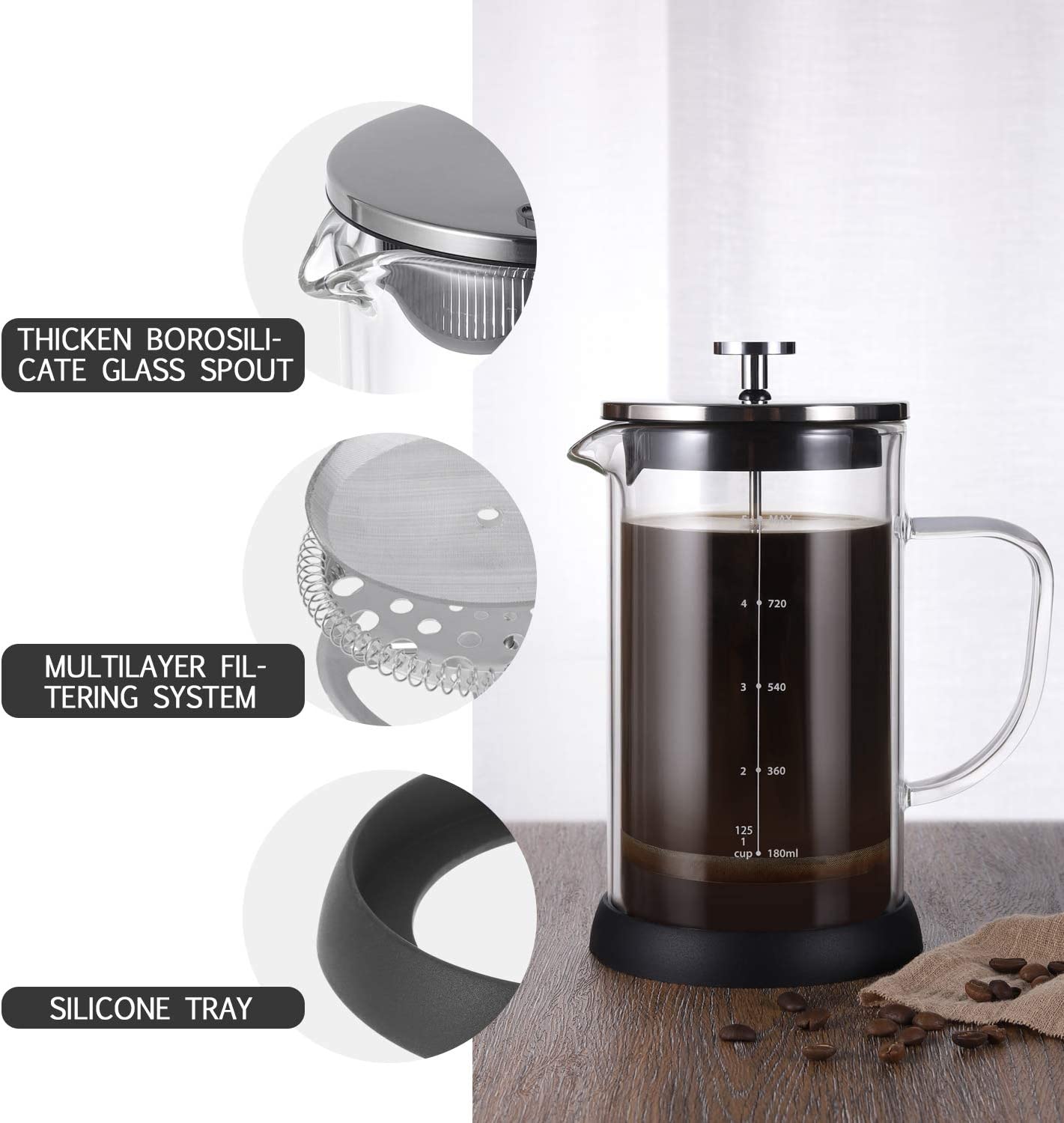 VEVOK CHEF French Press Coffee Maker Glass Coffee Press 34 Ounce Tea Maker Double Wall Insulate Heat Resistant Glass Tea Coffee Press with 2 Extra Screens with Glass Handle Non-slip Silicone Base