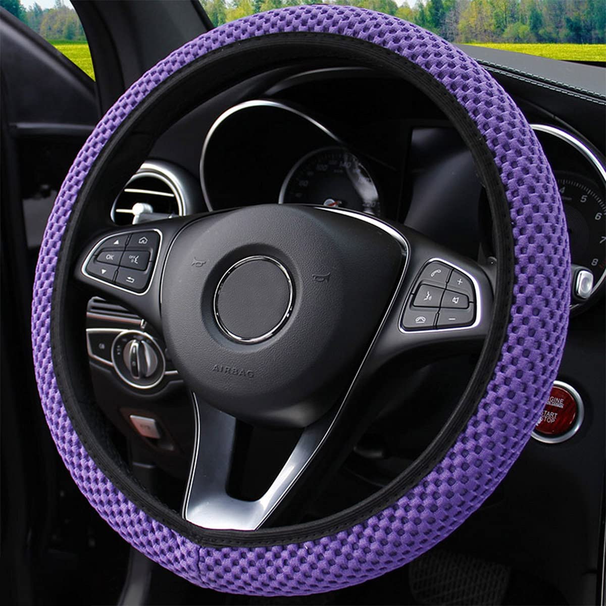 Elastic Stretch Steering Wheel Cover, Universal 15 Inch Automotive Steering Wheel Cover, Microfiber Breathable Ice Silk, Anti-Slip, Odorless, Easy Carry,Warm in Winter and Cool in Summer (Purple)