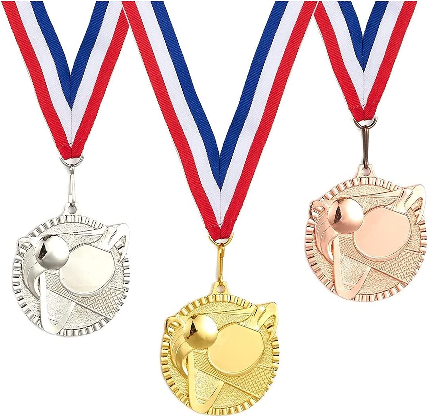 Juvale 3-Piece Award Medals Set, Table Tennis Gold, Silver, Bronze Medals for Ping Pong Games, Competitions, Party Favors, 2.3 Inches in Diameter with 32-Inch Ribbon
