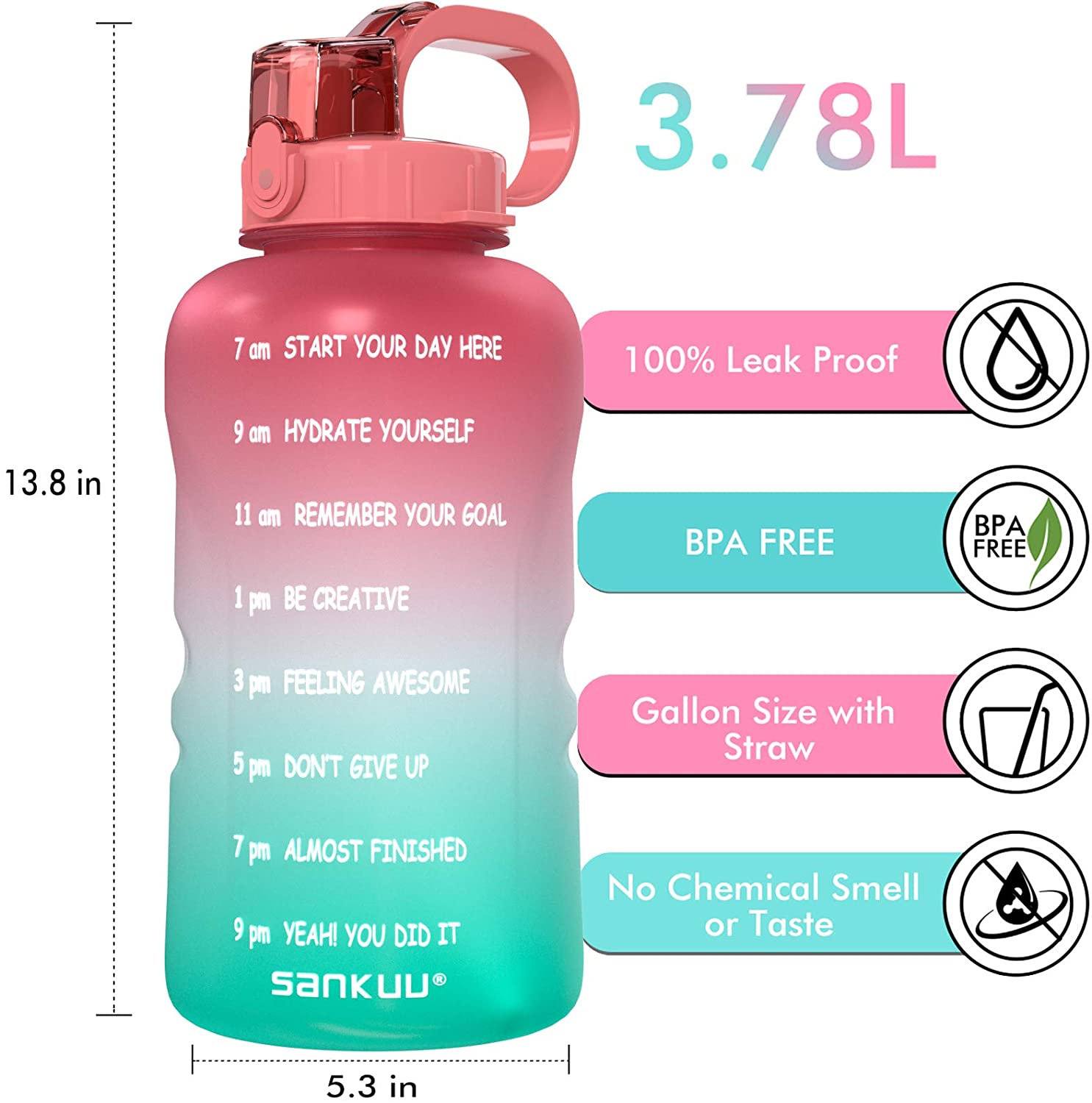 SANKUU Large 1 Gallon/128oz (When Full) Gallon Water Bottle Motivational with Time Marker & Straw, Leakproof Water Jug Ensure You Drink Daily Water Throughout The Fitness Day