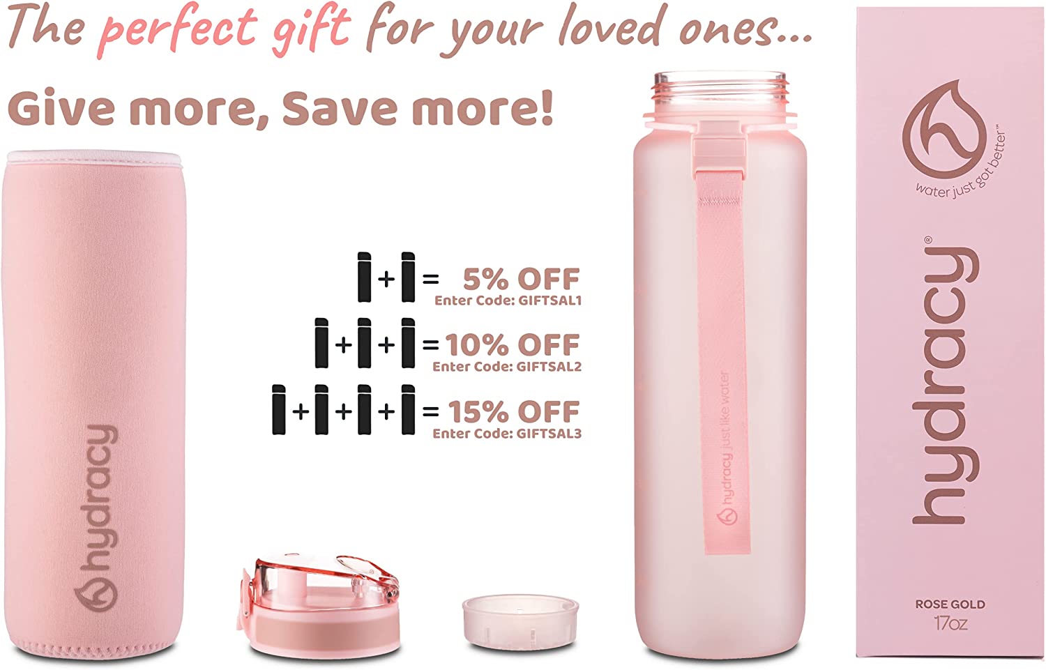 Hydracy Water Bottle with Time Marker - 500 ml 17 Oz BPA Free Water Bottle - Leak Proof & No Sweat Gym Bottle with Fruit Infuser Strainer - Ideal Gift for Fitness or Sports & Outdoors - Rose Gold