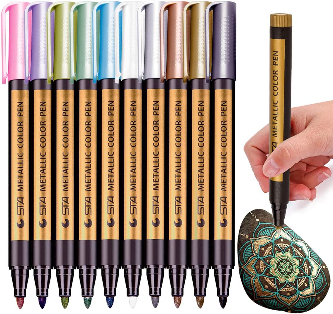 MISULOVE Metallic Marker Pens, Set of 10 Colors Paint Markers for Black Paper, Rock Painting, Scrapbooking Crafts, Card Making, Ceramics, DIY Photo Album, Ceramic, Glass and More(Medium tip)