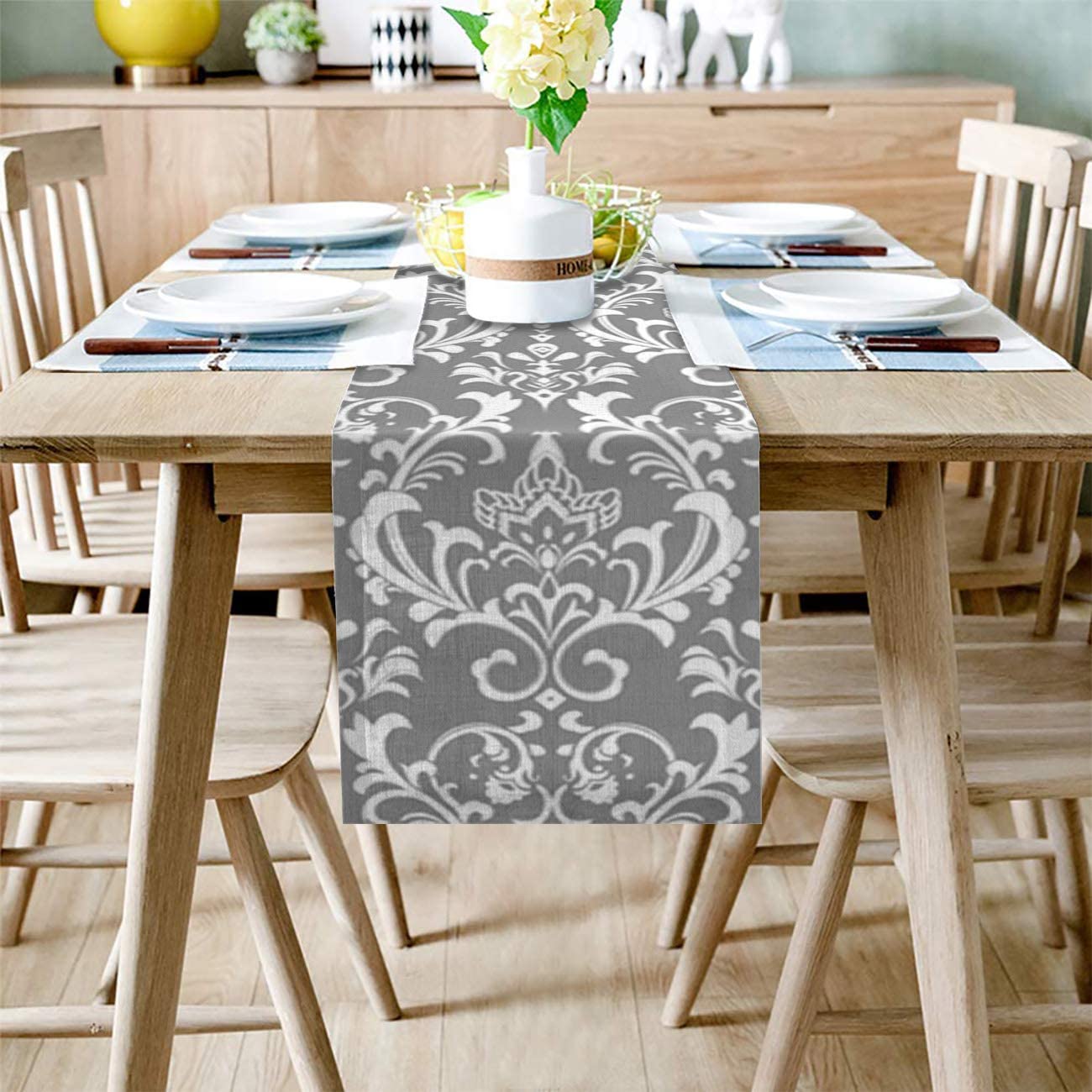 Custom Bed USA Linen Burlap Table Runner Classical Table Runners 13x70 inches Washable Fabric Tablerunner Table Top Decoration Tapestry for Indoor Outdoor Events - Ethnic Floral Geometric Grey White