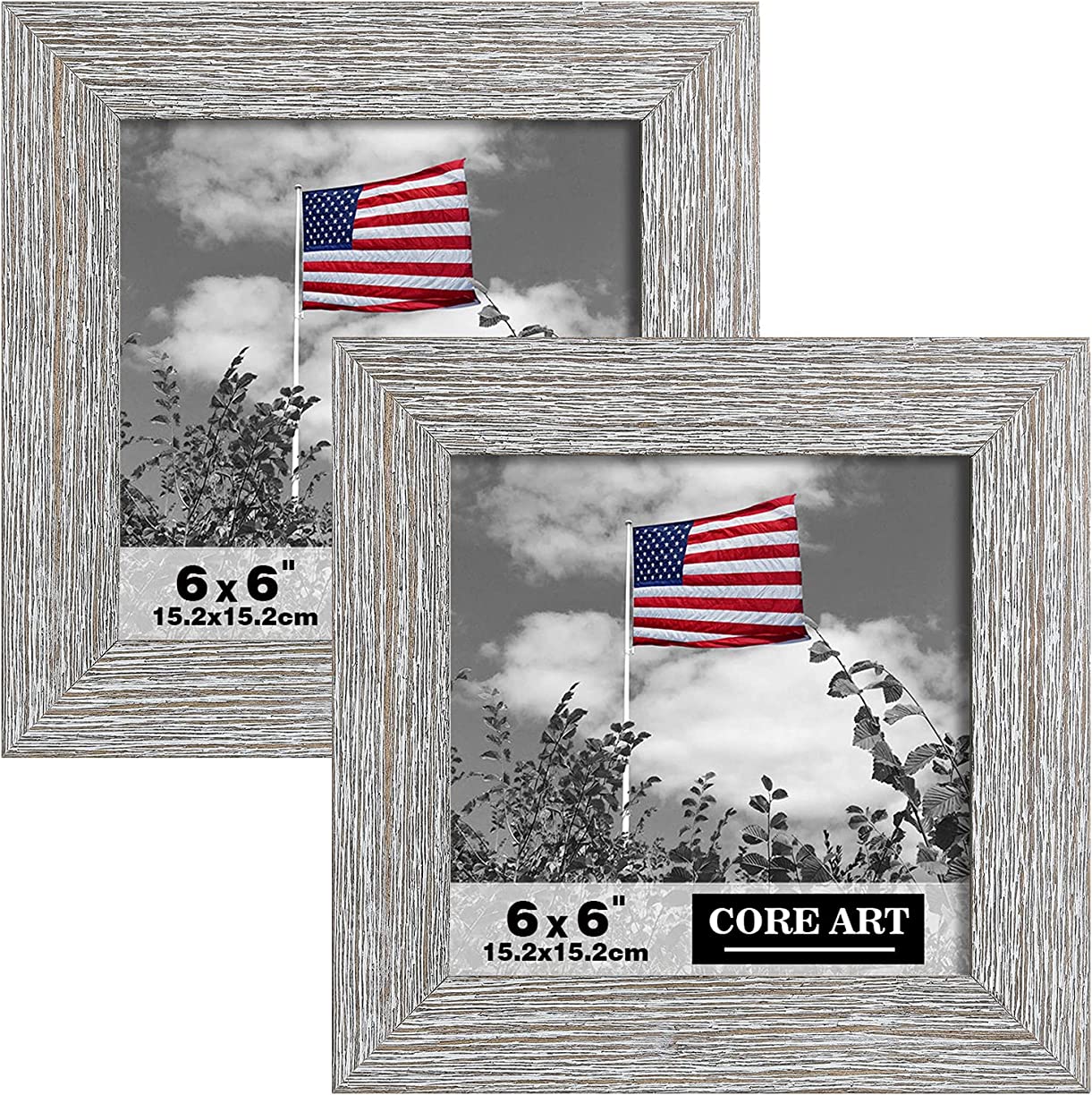 CORE ART 6x6 Picture Frame Square Wood Rustic Gray (Grey) Photo Frames Set of 2 High Definition Semi-tempered Glass Wall or Tabletop Display