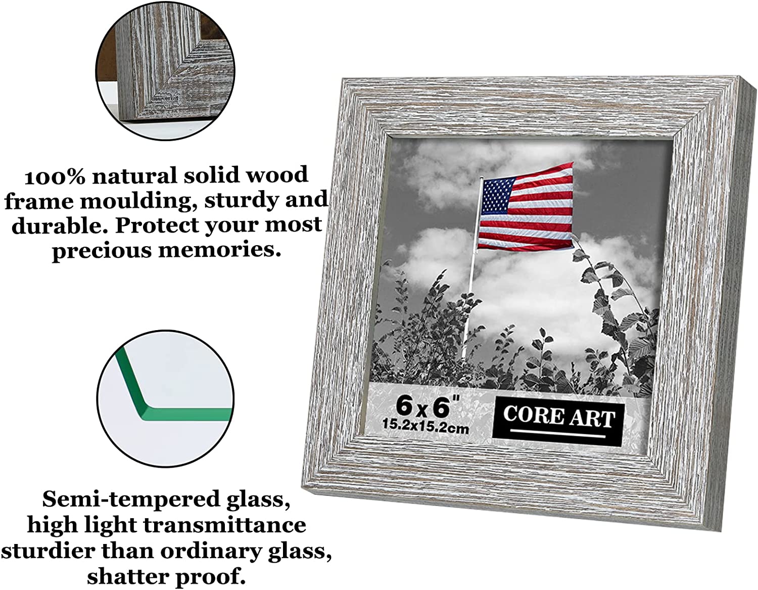 CORE ART 6x6 Picture Frame Square Wood Rustic Gray (Grey) Photo Frames Set of 2 High Definition Semi-tempered Glass Wall or Tabletop Display