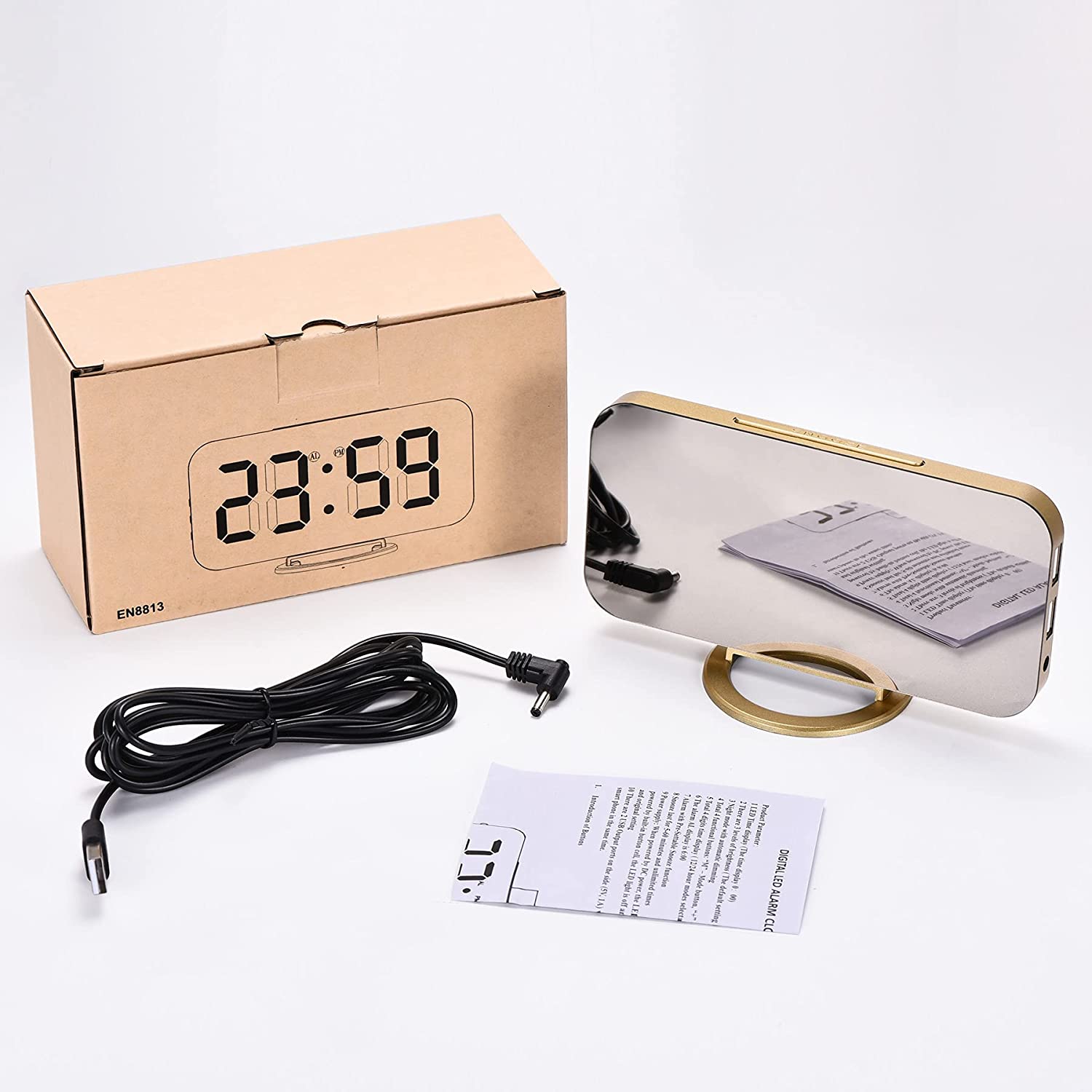 Digital Alarm Clock,6.5 Inch LED Mirror Electronic Clocks,with 2 USB Charging Ports,3 Adjustable Brightness,Snooze,12/24H,for Bedroom Home Office(Gold)