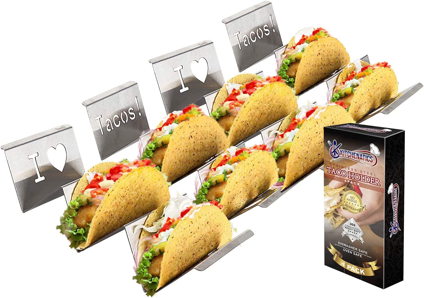 KITCHENATICS 4-Pack Stainless Steel Taco Holder Set- Wider & Stylish Taco rack that holds up to 3 Tacos Each for Soft & Hard Shell Tacos, Hotdogs - Rust Proof, Oven, Grill & Dishwasher Safe