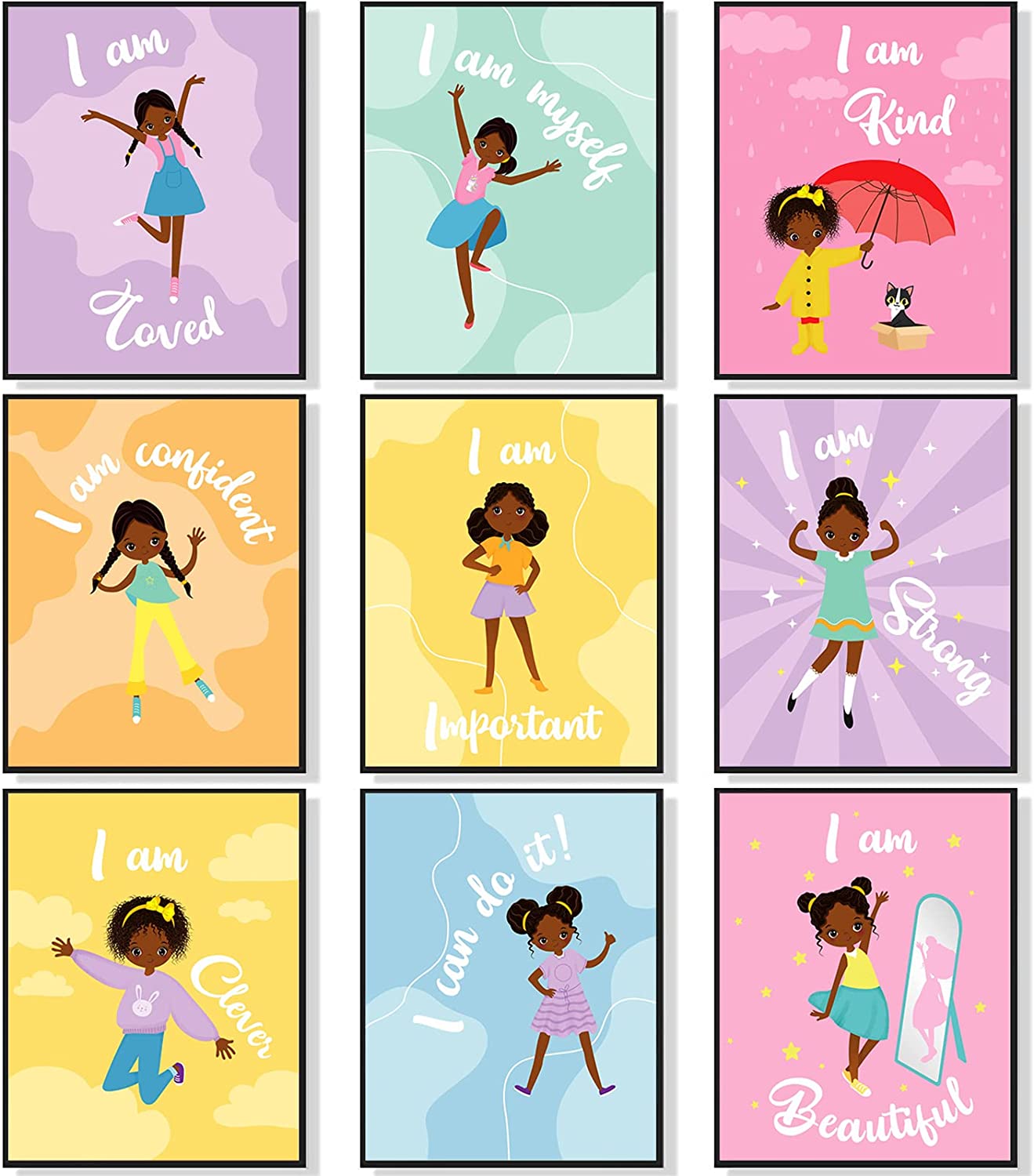 9 Pieces Motivational Black Girl Wall Decor Girls Room Decor African Girl Inspirationa Quotes Poster Unframed Black Girls Art Prints for Kids Teen Girls Room Wall Decorations,Unframed, 8 x 10 Inch