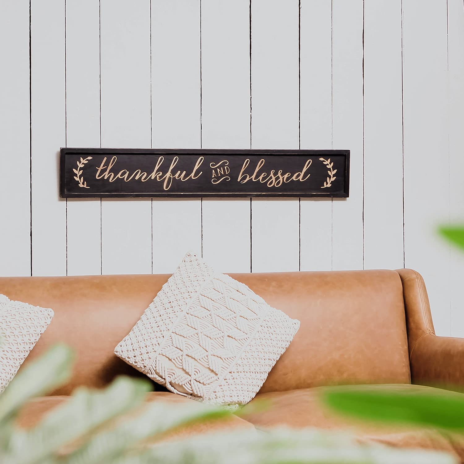 NIKKY HOME Thankful and Blessed Carved Wood Framed Wall Plaque Sign with Inspirational Quote, 36