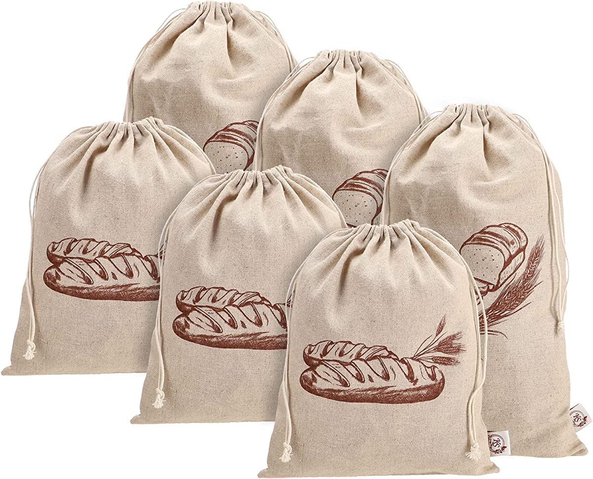 K&S Easy Shop Bread Bags for Homemade Bread  Pack of 6 Linen Bread Bag for Bread, Vegetables, Fresh Bread Storage & Baguettes Storage  3 Small & 3 Large Bread Storage Bags  Reusable Canvas Bags