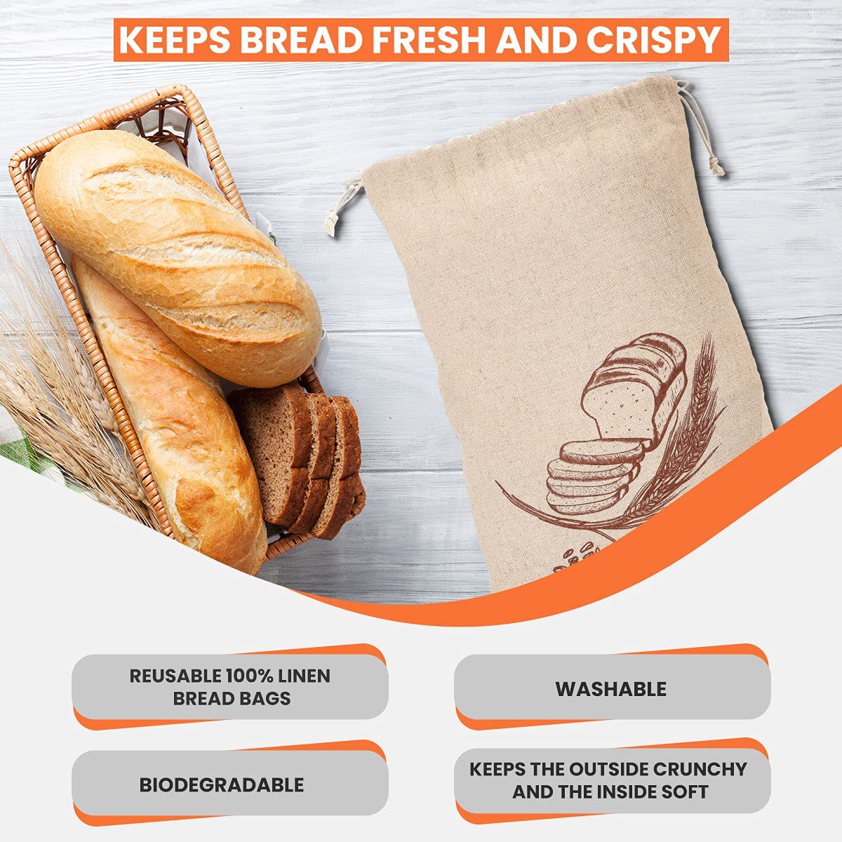 K&S Easy Shop Bread Bags for Homemade Bread  Pack of 6 Linen Bread Bag for Bread, Vegetables, Fresh Bread Storage & Baguettes Storage  3 Small & 3 Large Bread Storage Bags  Reusable Canvas Bags