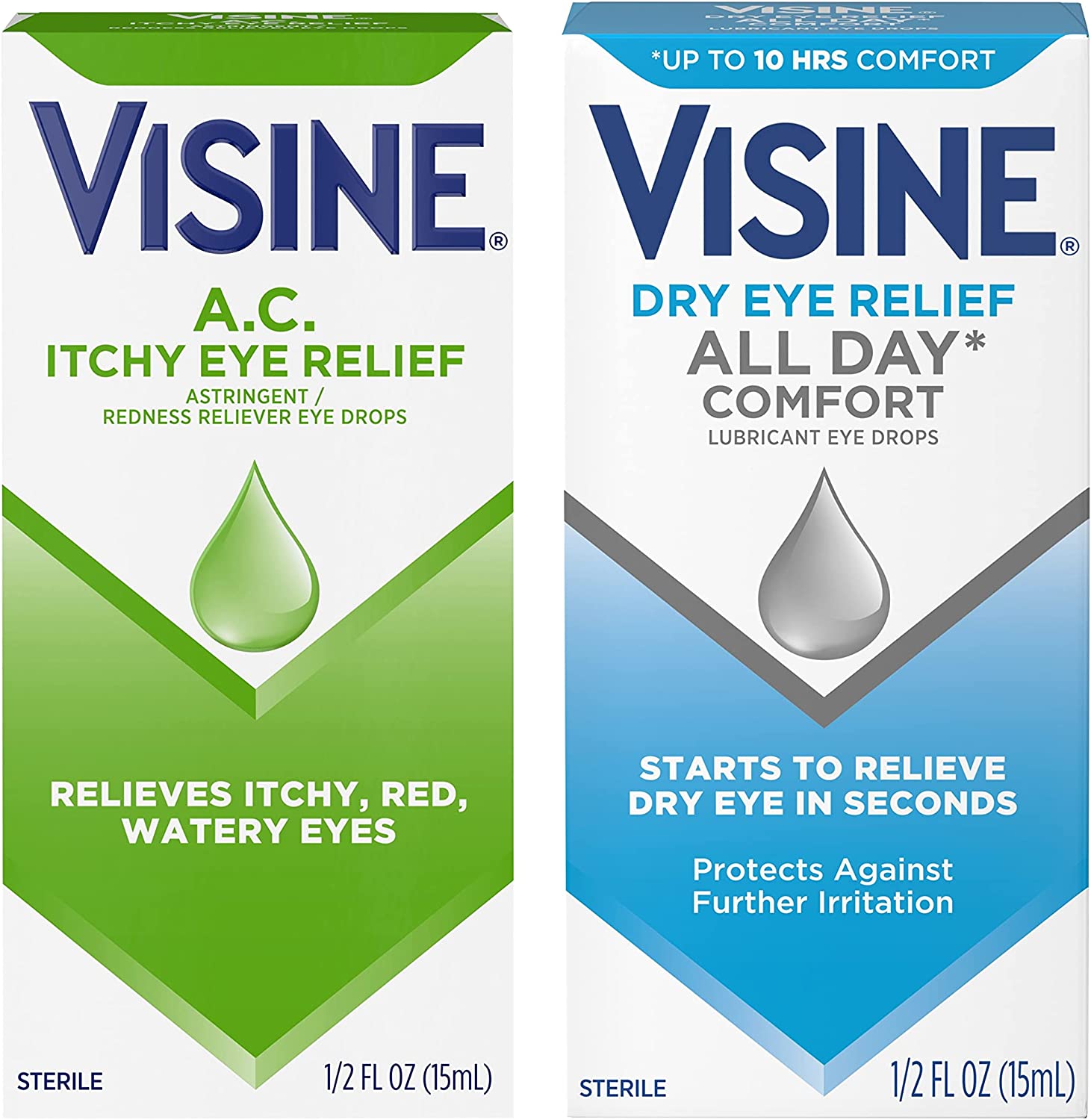 Visine A.C. Itchy Eye Relief Eye Drops for Relief of Red, Itchy, Watery Eyes & Visine Dry Eye Relief All Day Comfort Lubricant Eye Drops for Relief of Dry Eyes, Value Multipack, 2 Items