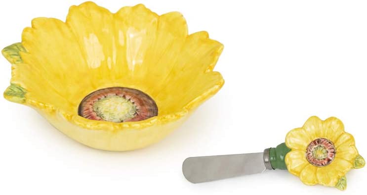 Boston International Ceramic Bowl and Stainless Steel Spreader, 4.75 x 2.75-Inches, Colourful Sunflowers