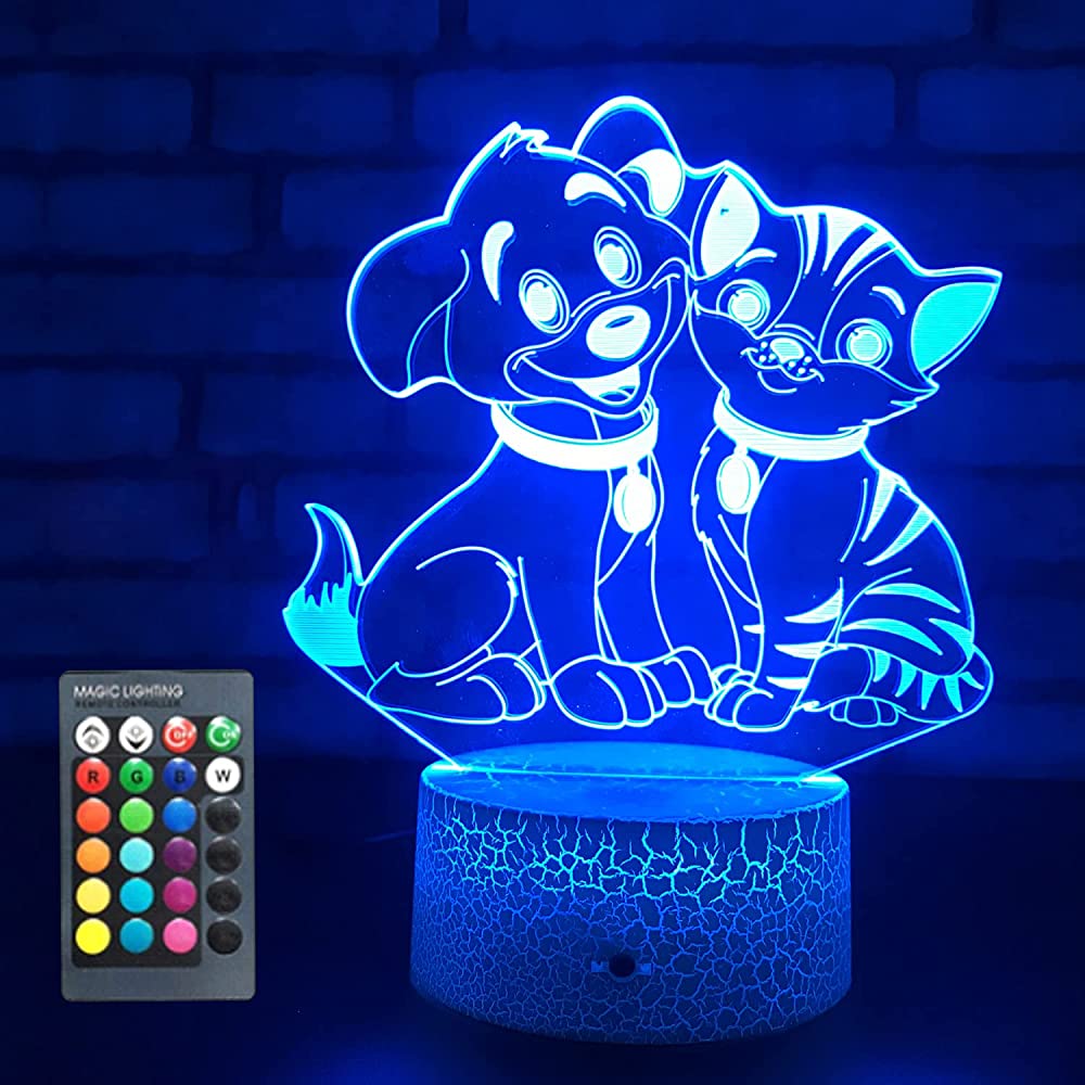 Menzee 3D Night Lights for Boys Girls 16 Colors + 7 Colors Changing, 3D LED Lamps with Touch & Remote Control, The Best Birthday Show You Vivid 3D Illusion Cat and Dog Figure
