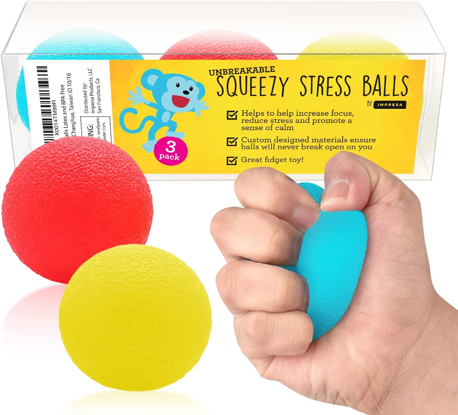 Stress Relief Balls (3-pack) - Tear-Resistant, Non-toxic, No BPA/Phthalate/Latex (Colors as Shown) - Ideal for Kids and Adults - Squishy Relief Toys to Help Anxiety, ADHD, Autism and More - By IMPRESA
