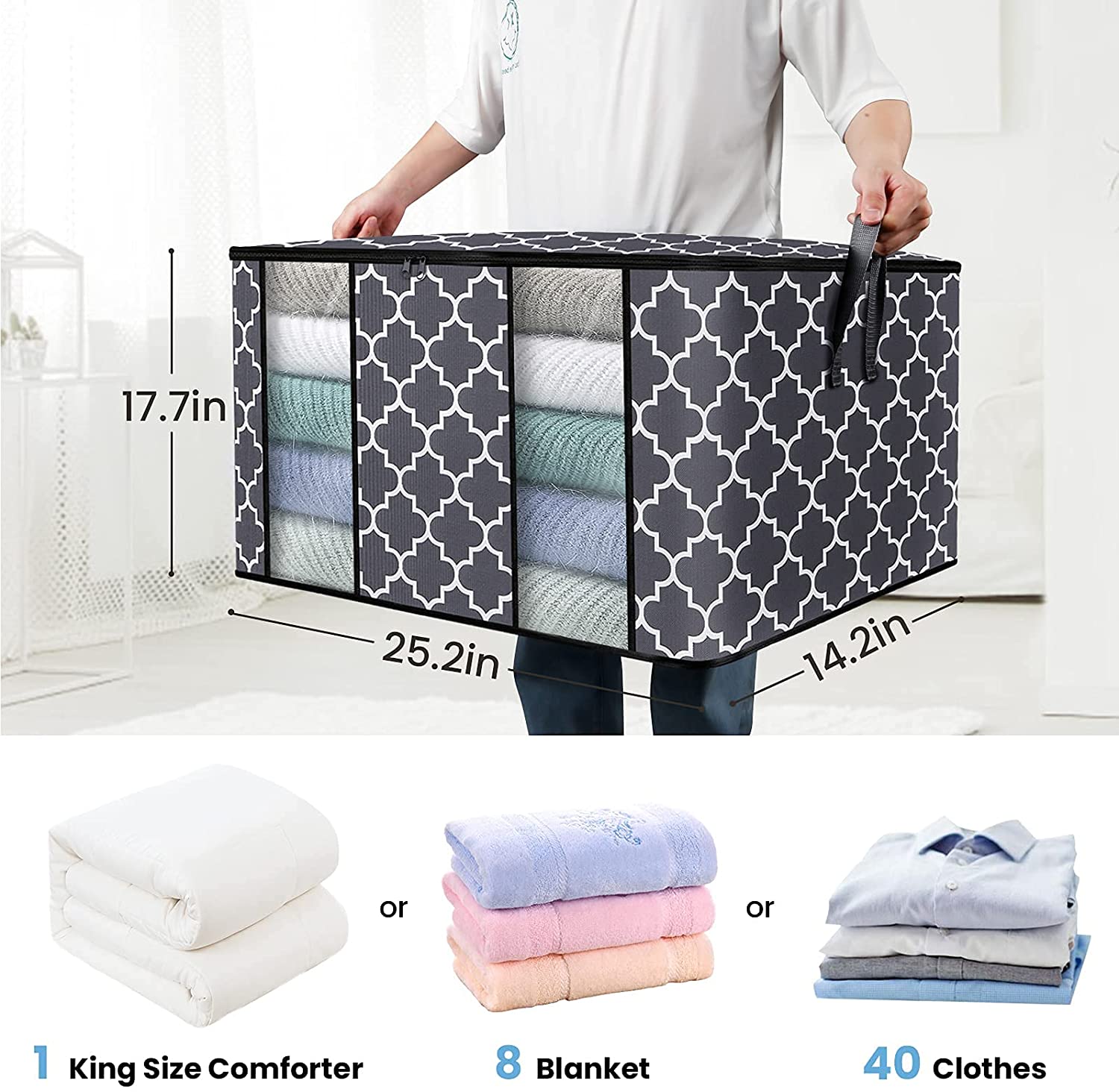 Fabtotes Clothes Storage Bag Organizer [3 Pack/100L], Large Capacity Clothes Organization with Reinforced Handle and Clear Window, Foldable Storage Containers for Comforter, Blanket, Bedding, Grey