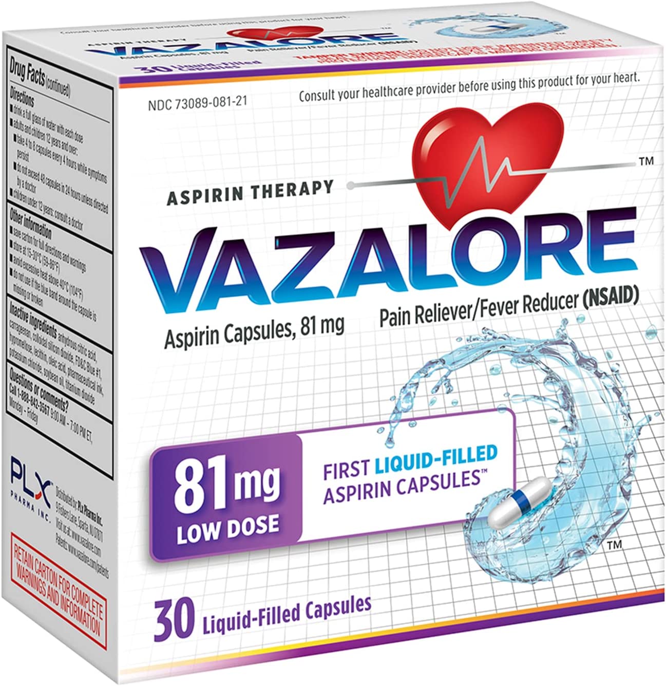 VAZALORE? Aspirin 81mg for Adults | Low Dose Aspirin Heart Therapy | Liquid-Filled Capsules to Help Protect Stomach | Pain Relief | 30 Count