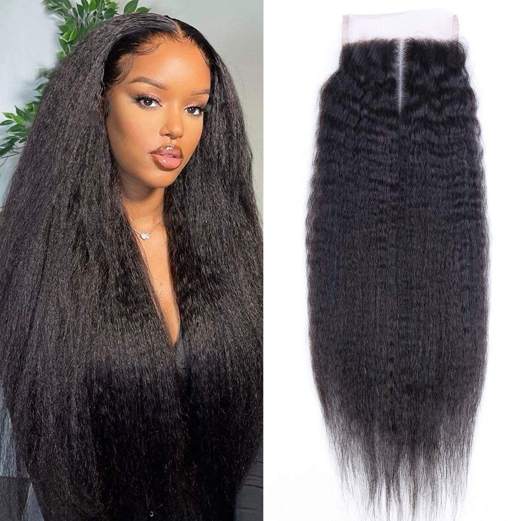 20 Inch Kinky Straight 4x4 Lace Closure 130% Density Brazilian Human Hair 9A Unprocessed Yaki Straight Virgin Hair Lace Front Closure No Bleached Knots Natural Color