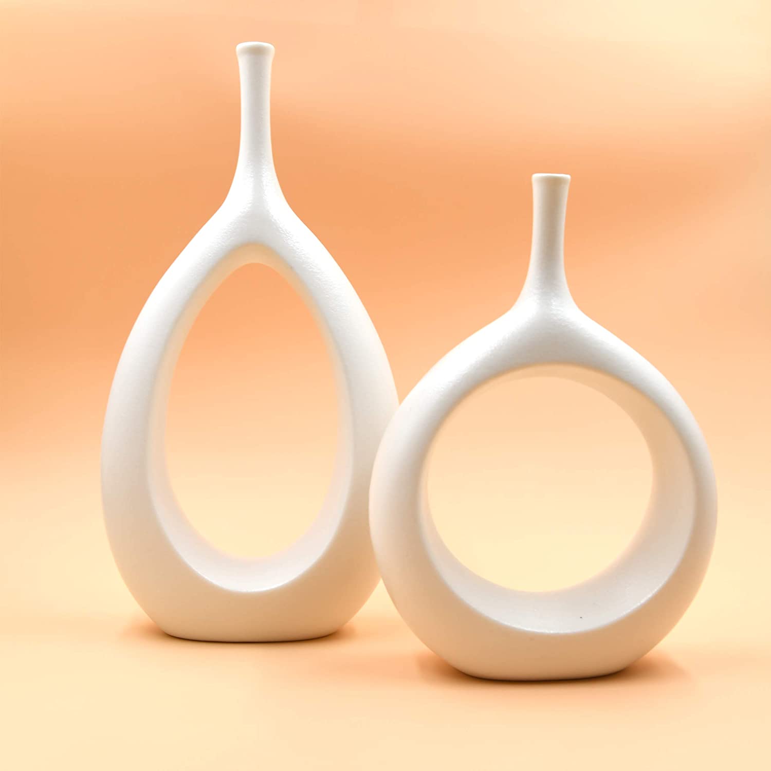 Samawi Modern Ceramic Vase for Decor Ceramic Vase Circle Donut Oval Vase Tall White Vase Hollow Vase Decorative vase for Table Kitchen Home