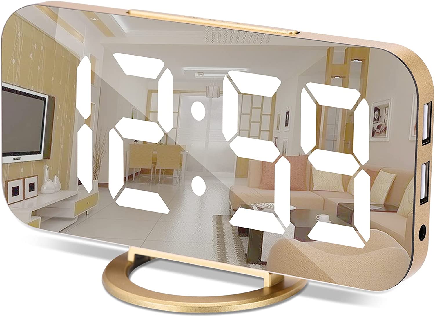 Digital Alarm Clock,6.5 Inch LED Mirror Electronic Clocks,with 2 USB Charging Ports,3 Adjustable Brightness,Snooze,12/24H,for Bedroom Home Office(Gold)