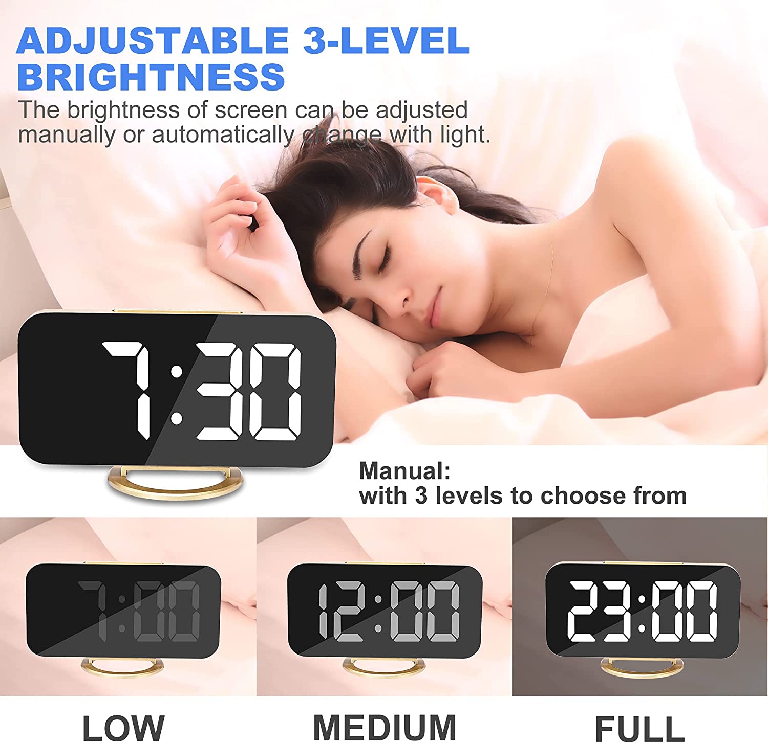 Digital Alarm Clock,6.5 Inch LED Mirror Electronic Clocks,with 2 USB Charging Ports,3 Adjustable Brightness,Snooze,12/24H,for Bedroom Home Office(Gold)