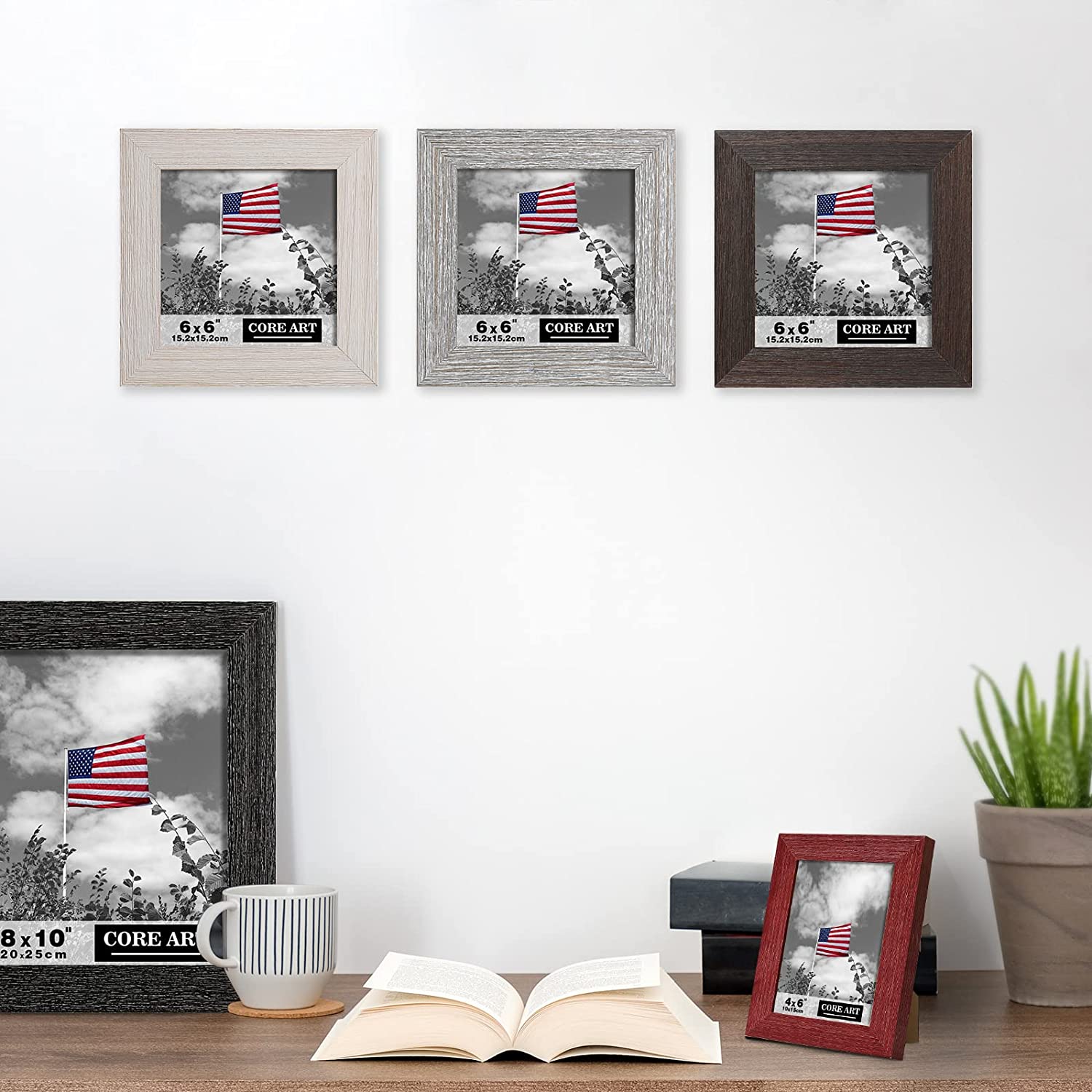 CORE ART 6x6 Picture Frame Square Wood Rustic Gray (Grey) Photo Frames Set of 2 High Definition Semi-tempered Glass Wall or Tabletop Display