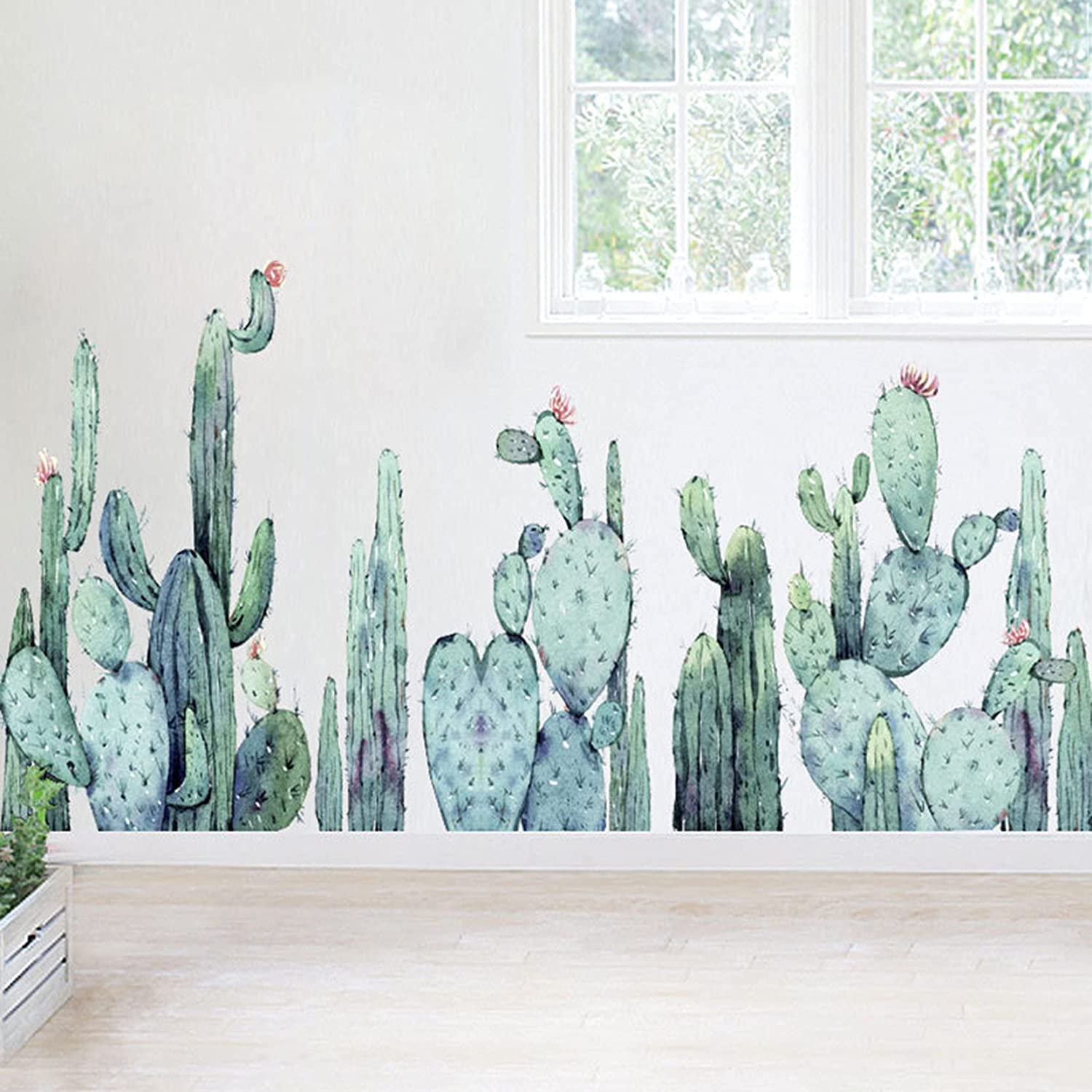Cactus Wall Decals, Green Plant Cacti Stickers for Mirror Wall Decor, Removable Vinyl Peel and Stick Art Murals for Living Room Nursery Bedroom Children Kids Rooms Decor, Art Murals Home Decoration