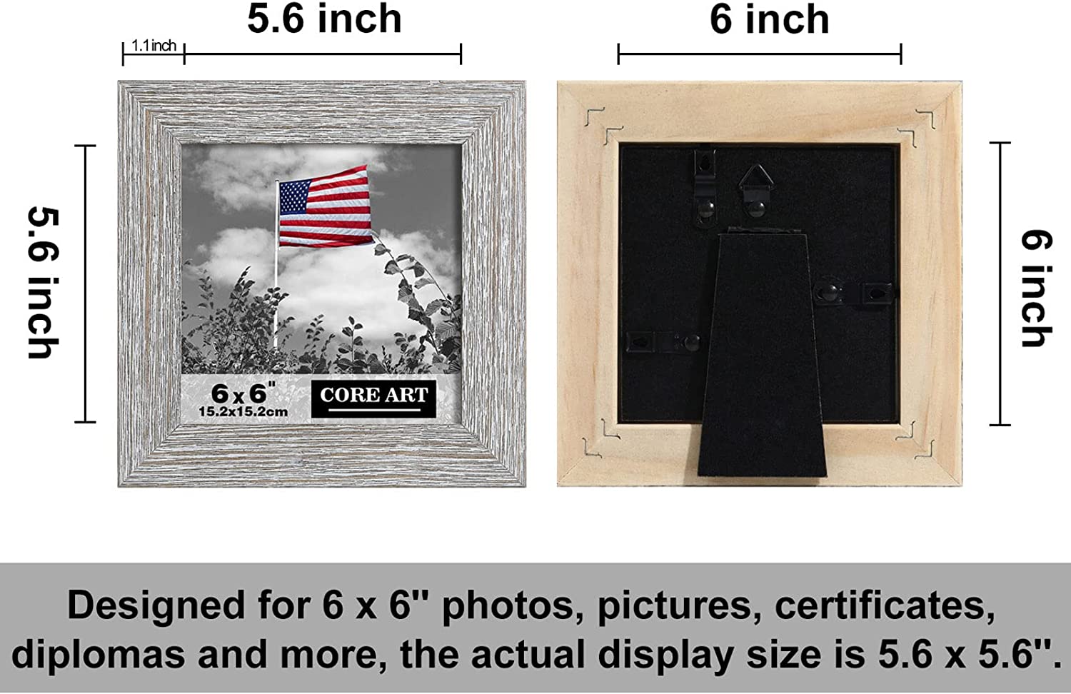 CORE ART 6x6 Picture Frame Square Wood Rustic Gray (Grey) Photo Frames Set of 2 High Definition Semi-tempered Glass Wall or Tabletop Display