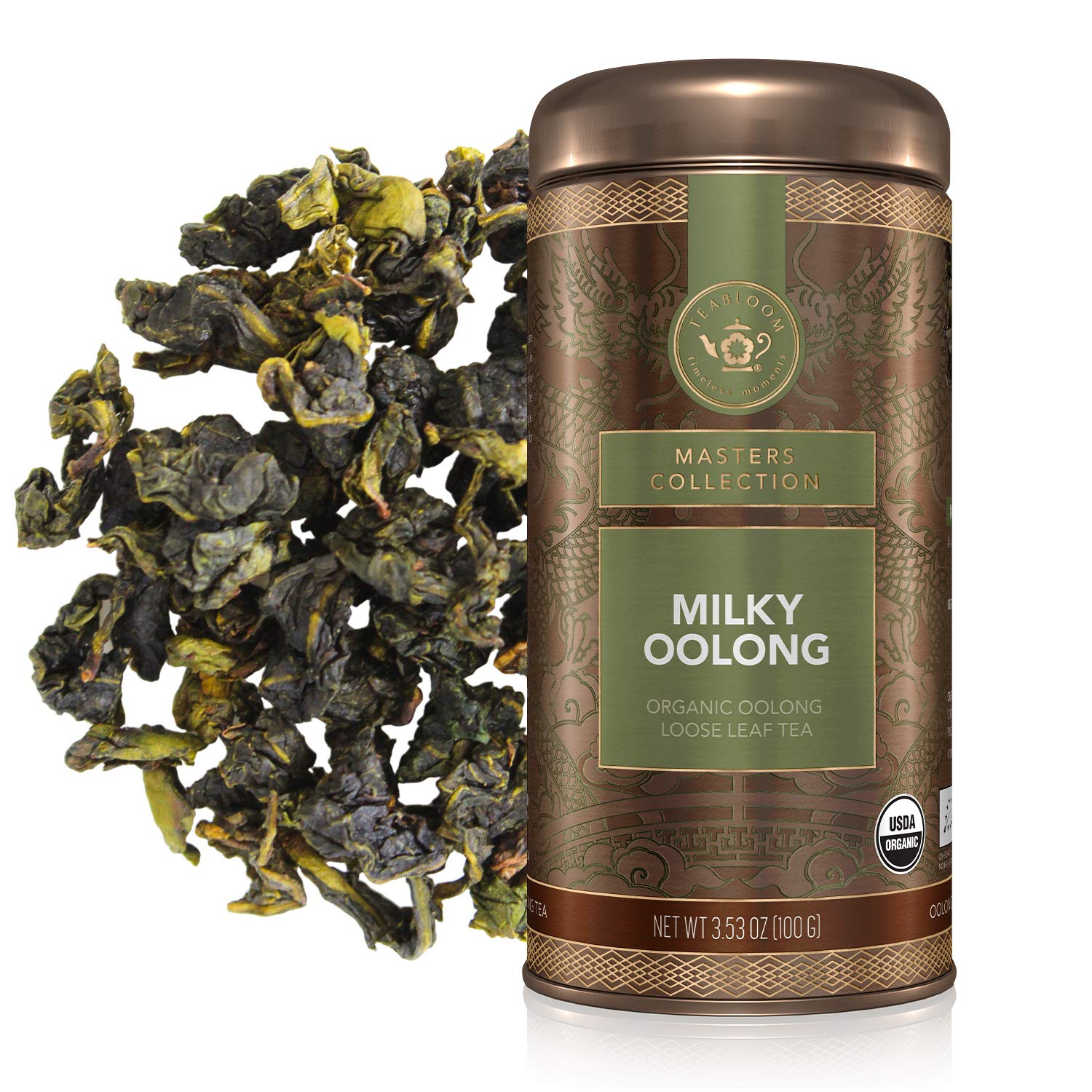 Teabloom Organic Oolong Tea, Milky Oolong Loose Leaf Tea, Rolled Leaves Famous for its Milky Taste and Silky Texture, USDA Organic, Rare Single-Origin Tea in Reusable Gift Canister, 3.53 oz/100 g Canister Makes 35-50 Cups