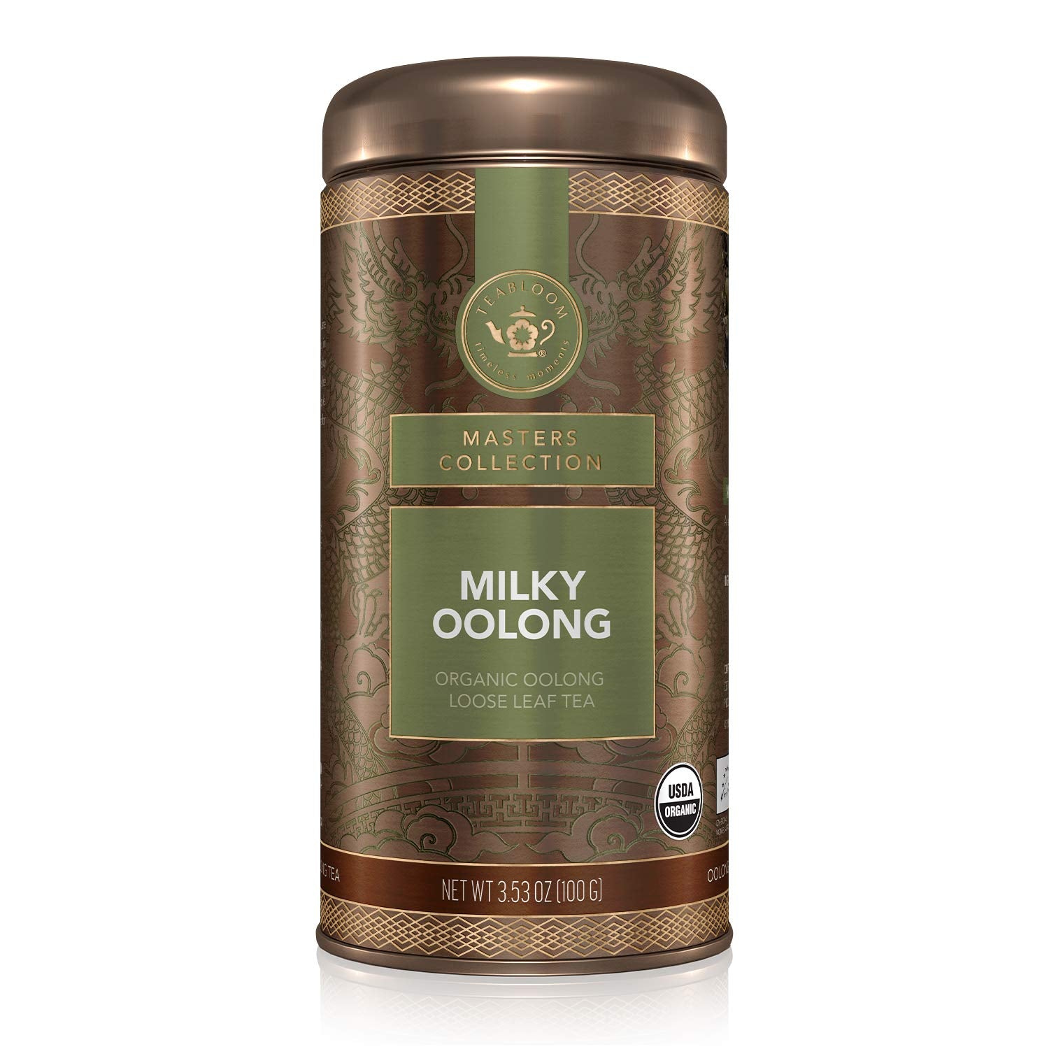 Teabloom Organic Oolong Tea, Milky Oolong Loose Leaf Tea, Rolled Leaves Famous for its Milky Taste and Silky Texture, USDA Organic, Rare Single-Origin Tea in Reusable Gift Canister, 3.53 oz/100 g Canister Makes 35-50 Cups