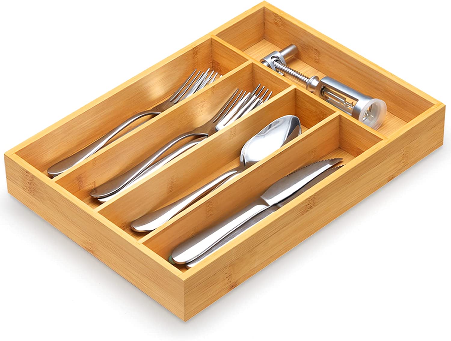 Bamboo Kitchen Drawer Organizer Wooden Silverware Utensil Tray Holder with 5 Small Narrow Compartments for Cutlery Spoons Forks Knives Storage Flatware Organizer by FURNINXS (14x10.5x2 inch?