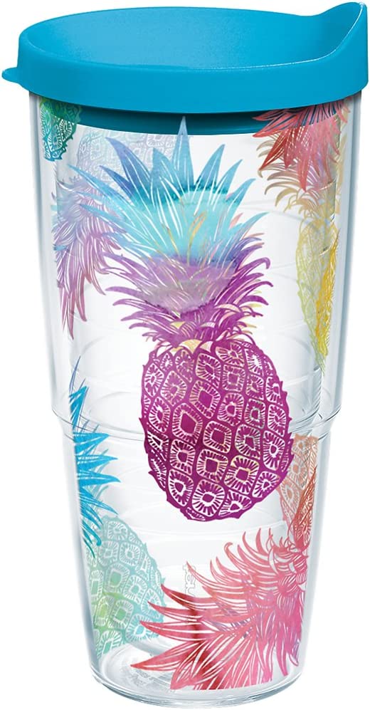 Tervis Watercolor Pineapples Tumbler with Wrap and Turquoise Lid 24oz, Clear