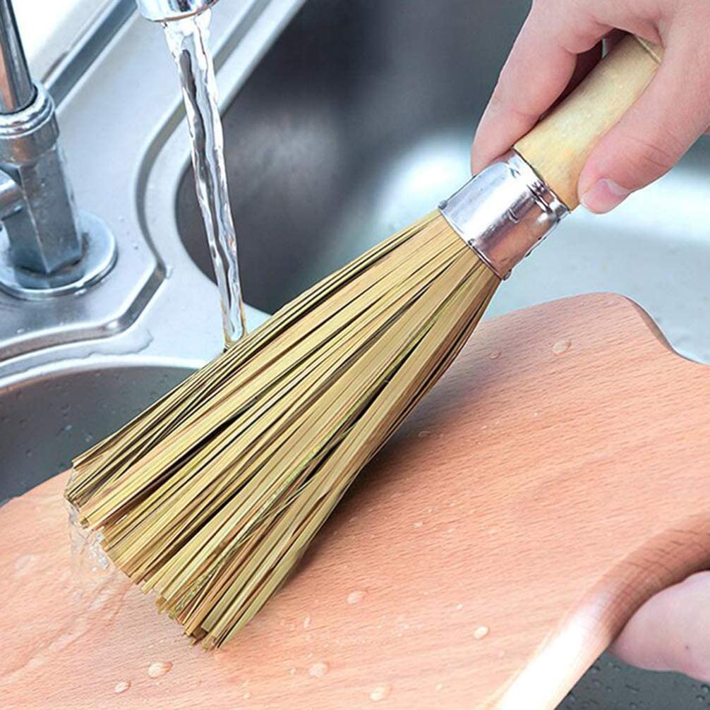 DOITOOL 2 pcs Wok Cleaning Whisk Dish Pan Scrubbing Bamboo Wood Brushes Multipurpose Handle Cleaner Brush for Home Restaurant Kitchen