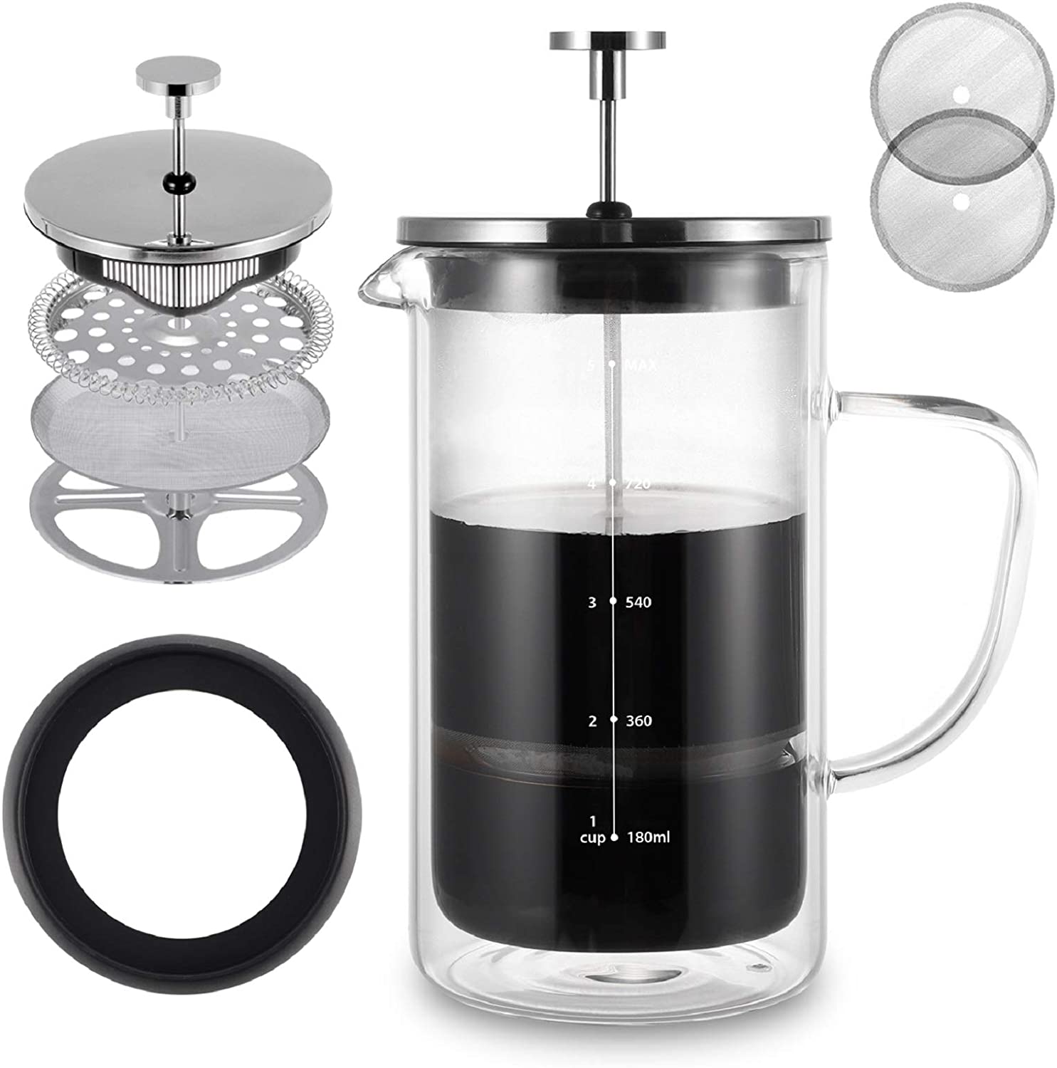 VEVOK CHEF French Press Coffee Maker Glass Coffee Press 34 Ounce Tea Maker Double Wall Insulate Heat Resistant Glass Tea Coffee Press with 2 Extra Screens with Glass Handle Non-slip Silicone Base