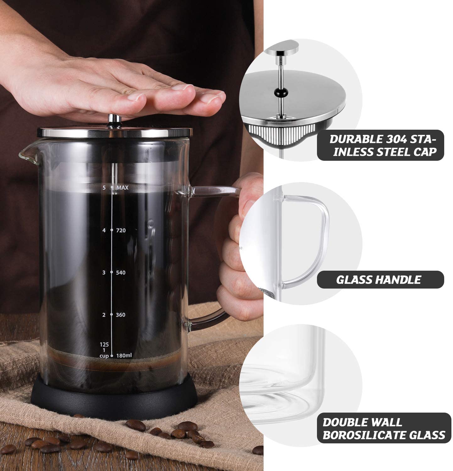 VEVOK CHEF French Press Coffee Maker Glass Coffee Press 34 Ounce Tea Maker Double Wall Insulate Heat Resistant Glass Tea Coffee Press with 2 Extra Screens with Glass Handle Non-slip Silicone Base