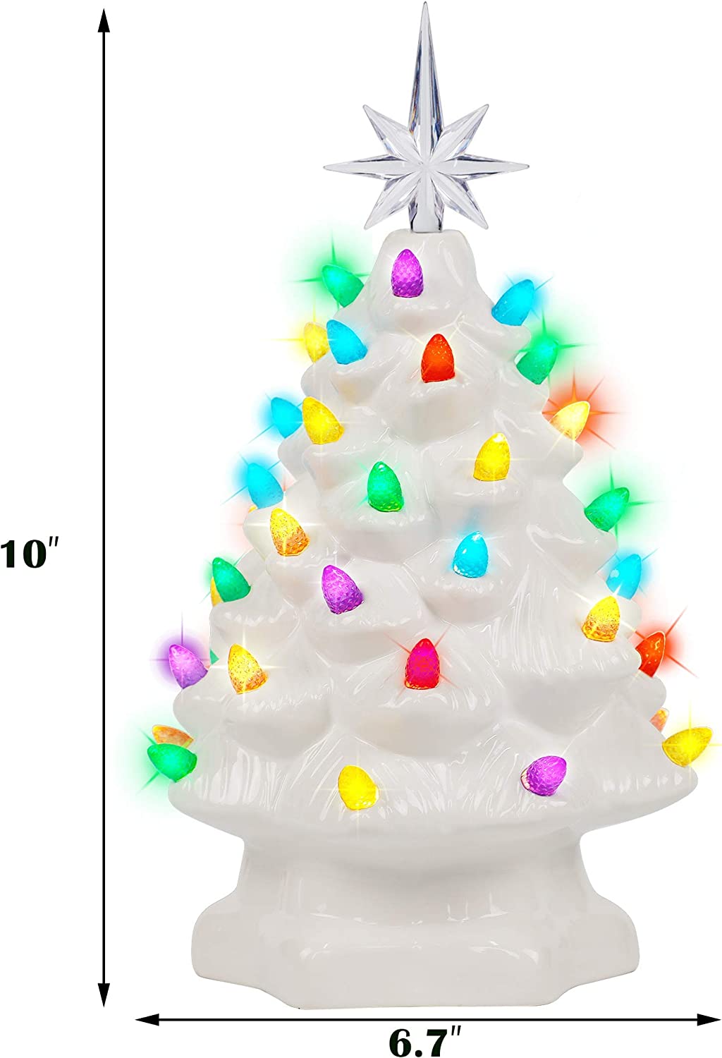 Lulu Home Ceramic Christmas Tree, 10 Inch LED Light Up Ceramic Tabletop Christmas Tree with 54 Multicolored Lights and a 7 Point Star Topper, White Mini Vintage Lighted Ceramic Tree for Tabletop