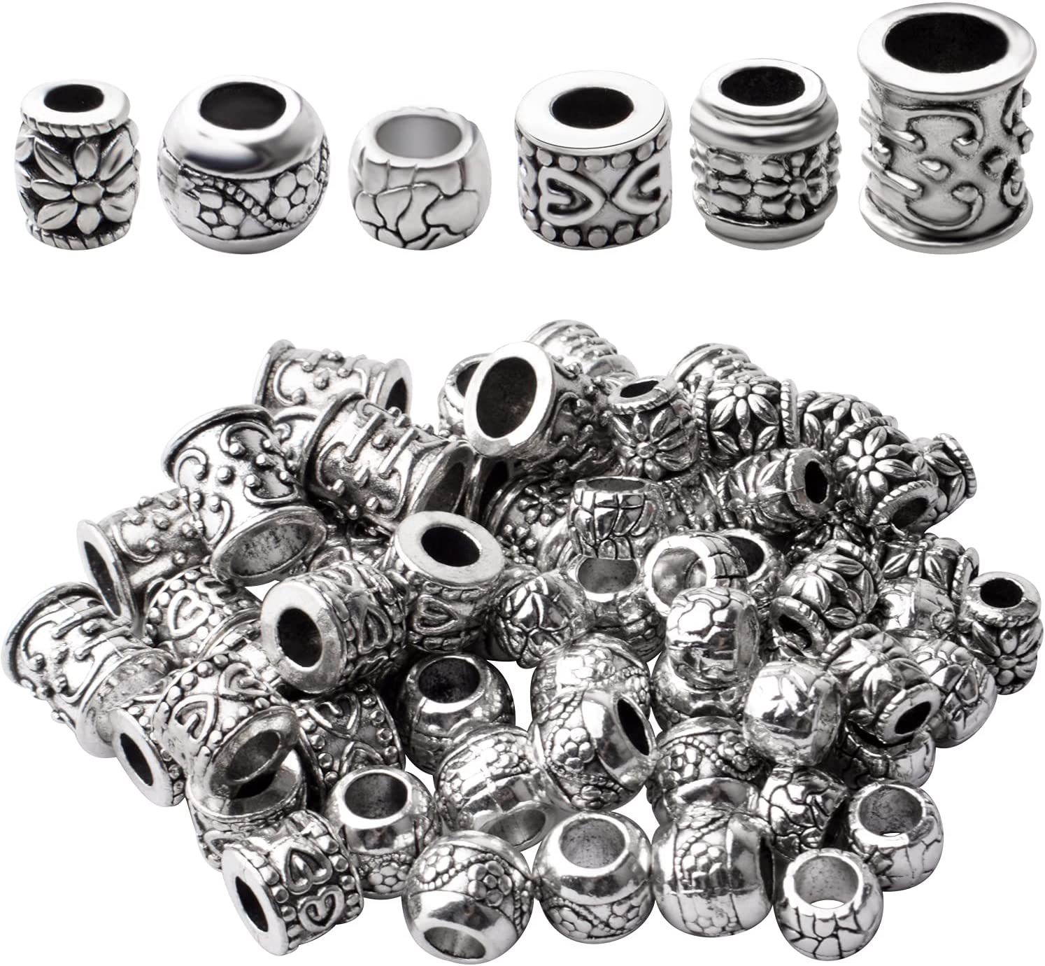 Large Hole Spacer Beads,100g Antique Silver Mixed Styles Tube Bead Spacers Tibetan Alloy Column Barrel Round Spacers Loose Beads for DIY Jewelry Bracelet Crafts Making Supplies