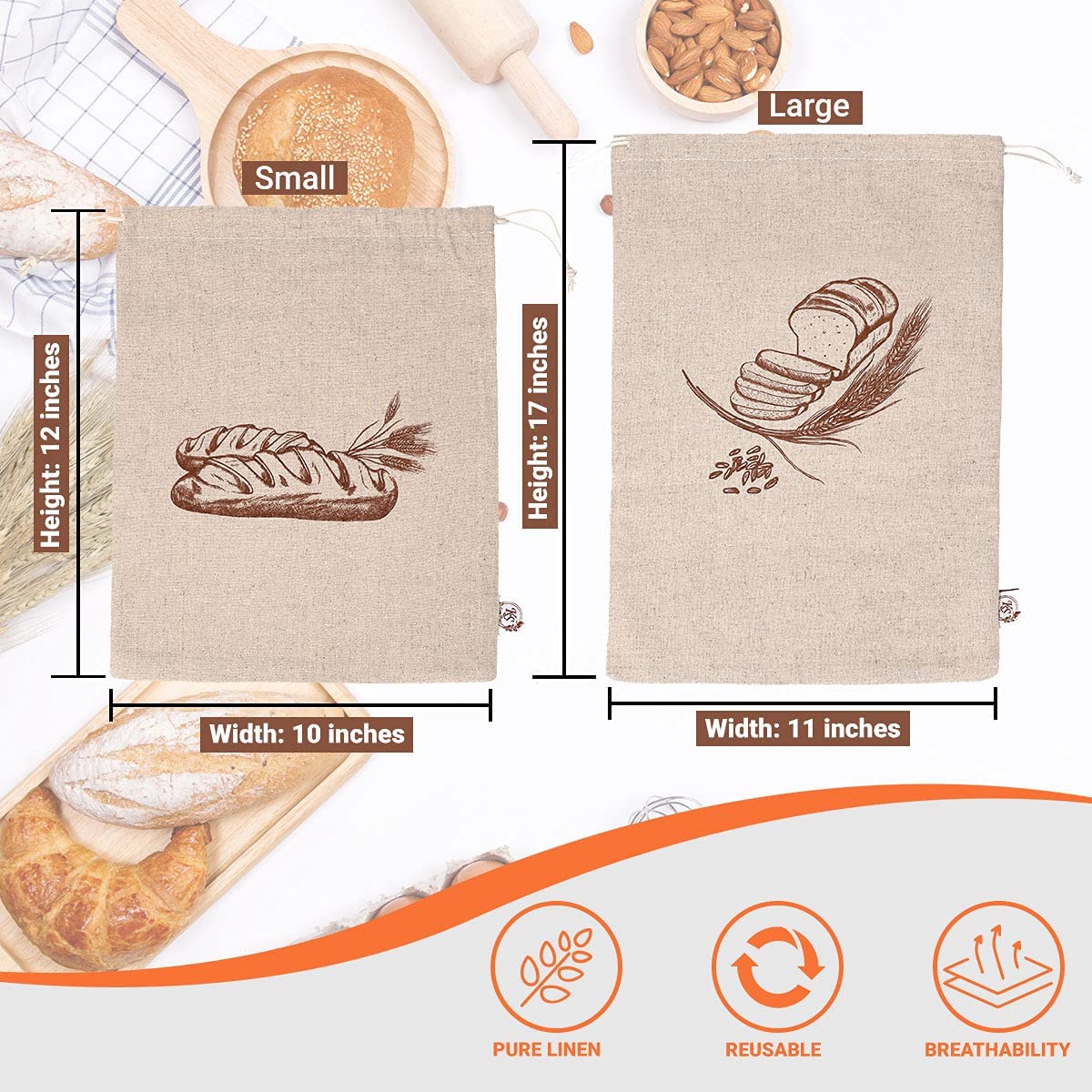 K&S Easy Shop Bread Bags for Homemade Bread  Pack of 6 Linen Bread Bag for Bread, Vegetables, Fresh Bread Storage & Baguettes Storage  3 Small & 3 Large Bread Storage Bags  Reusable Canvas Bags