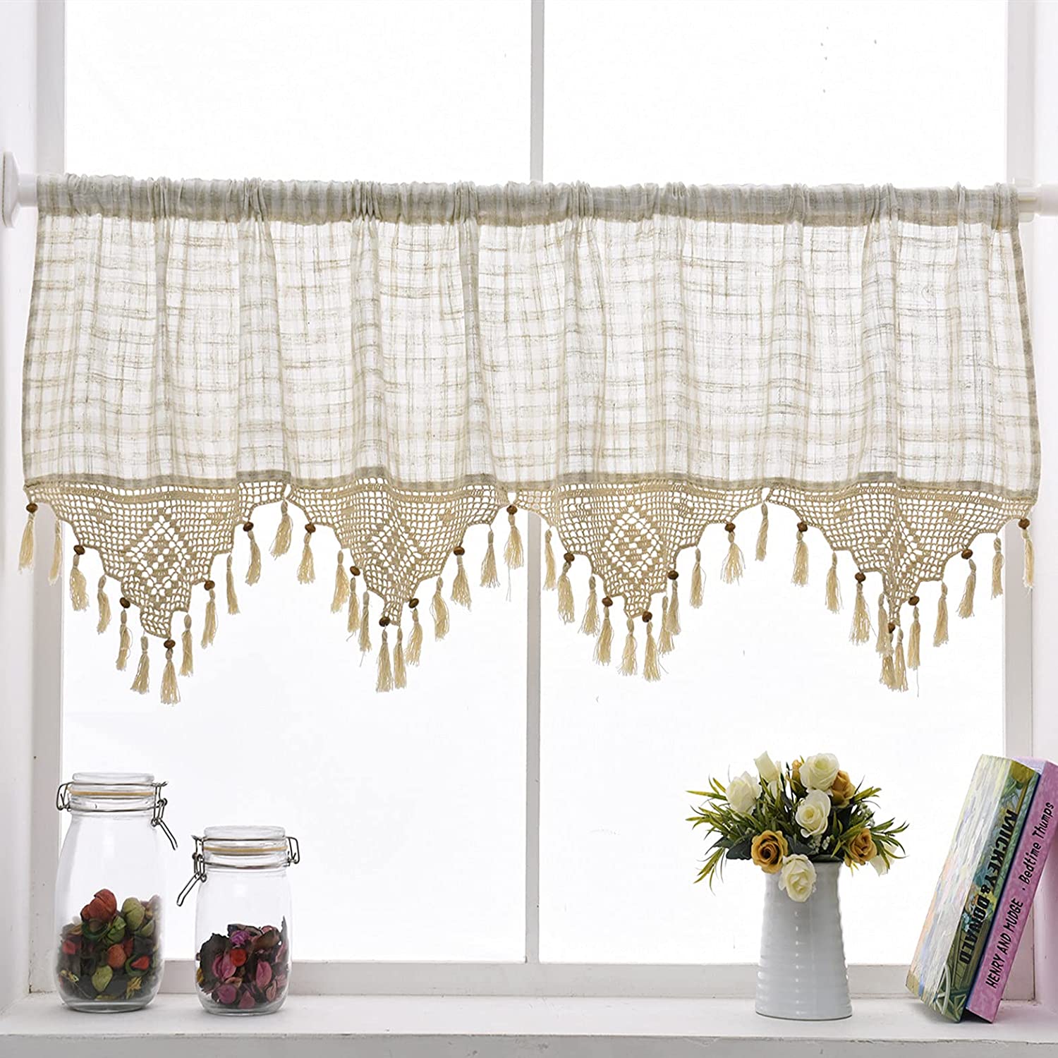 ZHH Retro Lattice Window Valance Handmade Crochet with Tassel Cafe Curtain for Window Bedroom Livingroom Dorm Decor, Beige (H 15 inch W 60 inch)