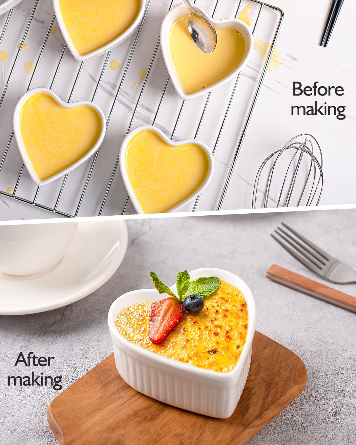 Delling Creme Brulee Ramekins 6 Oz Oven Safe- Porcelain Creme Brulee Set -Heart Shaped Ramekins for Souffle Baking Dish, Dessert/Dipping Bowls for Pudding, Valentines Day Gifts- Set of 6, White